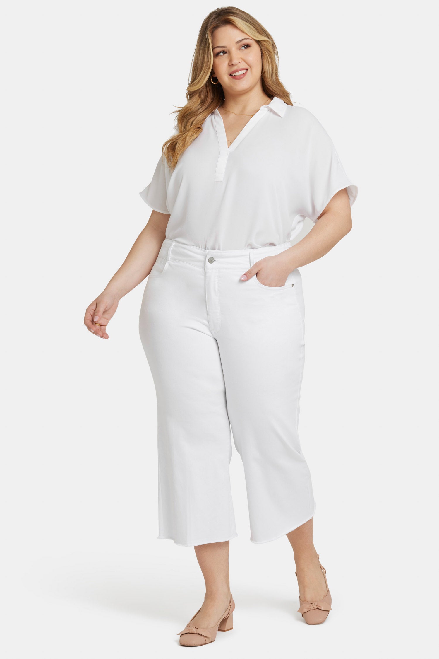Brigitte Wide Leg Capri Jeans for Women - Plus Size Stretch Denim Pants in Optic White | Casual Comfort for Everyday Wear & Summer Outfits