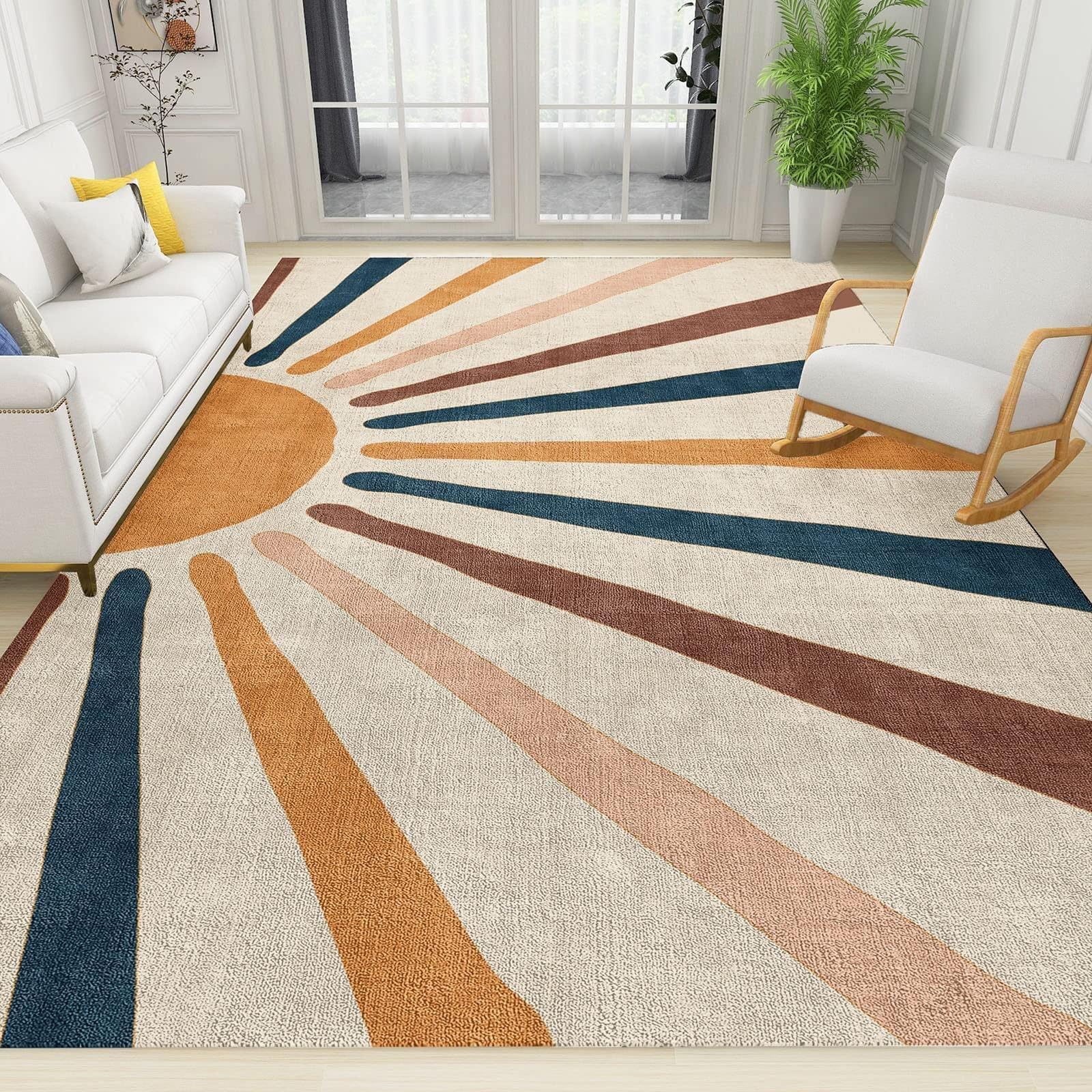 6x8ft Large Vintage Medieval Sun Area Rug - Boho Rainbow Kids Rug with Anti-Slip Backing for Nursery, Classroom, Teen Boys Room & Lounge Decor | Perfect for Playrooms, Dorm Flooring and Cozy Home Decor