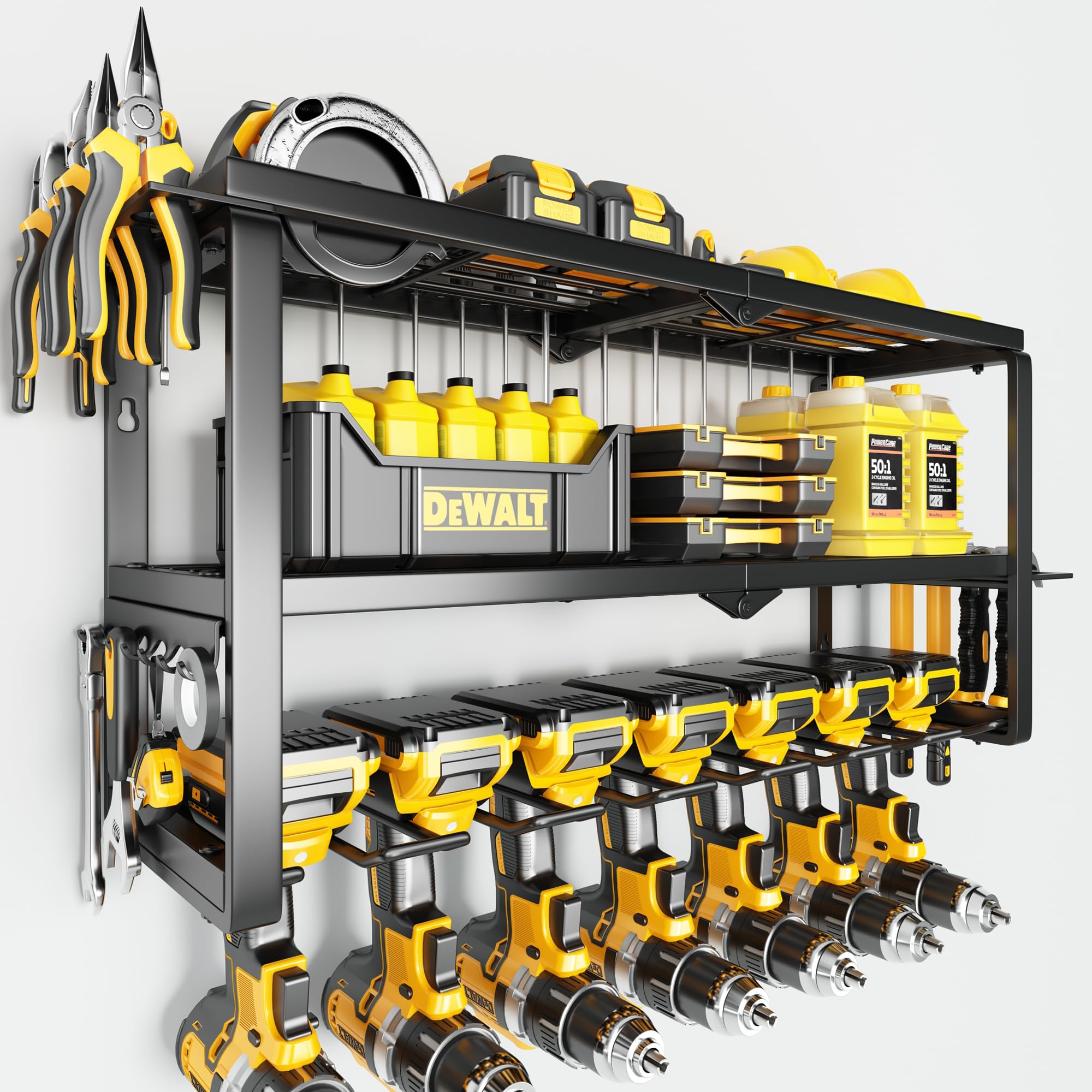 Heavy Duty Wall Mount Power Tool Organizer - 3-Tier Storage Rack with 7 Drill Holders, 150Lbs Capacity for Cordless Drills & Garage Tools | Workshop, Shed, Basement & Pegboard Organization