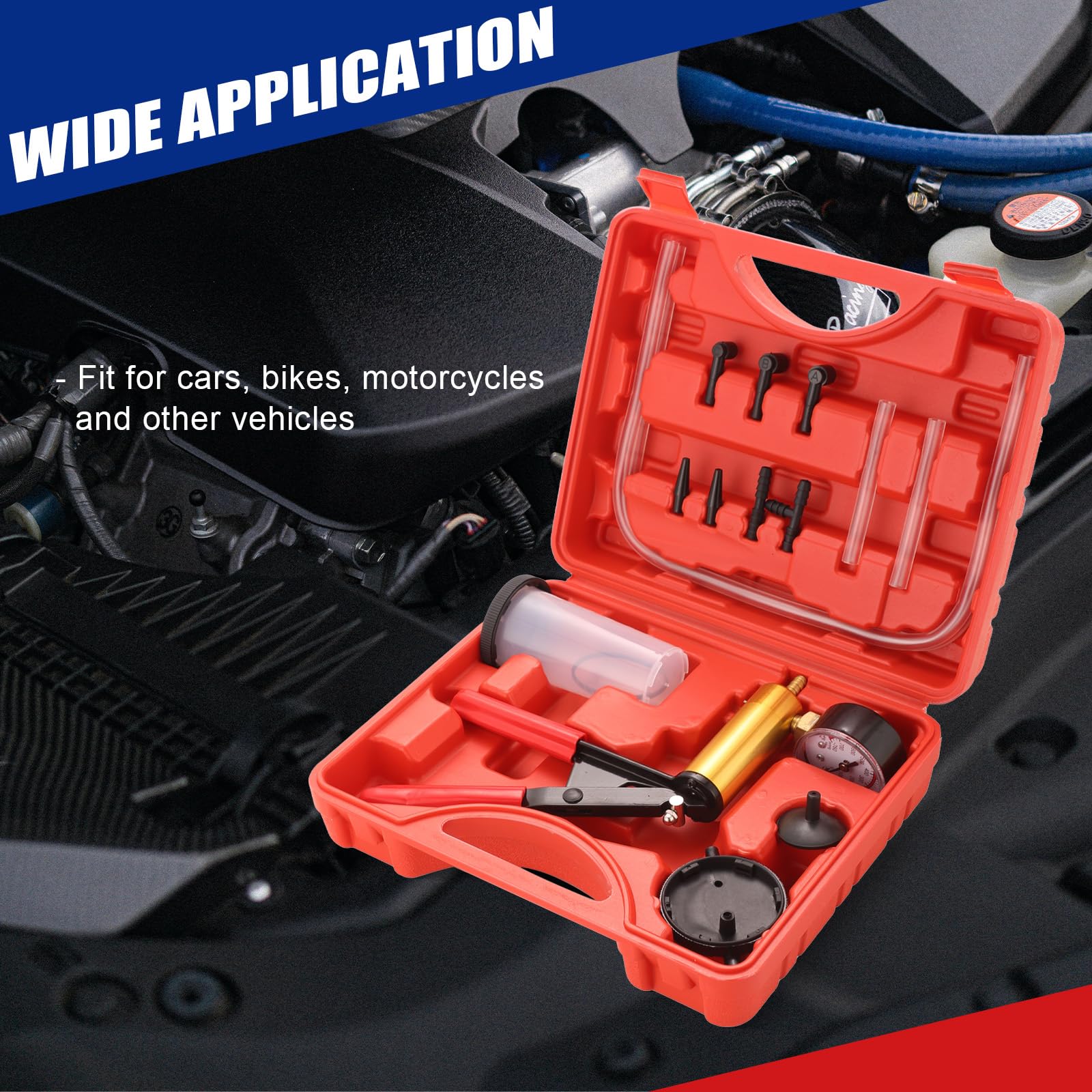 2 in 1 Handheld Vacuum Pump Brake Bleeder Kit - 16 Pcs Motorcycle & Car Brake Fluid Bleeding Tool with Oil Change Pump for Bike, Truck, ATV - Perfect for DIY Brake Maintenance & Fluid Replacement (Red)