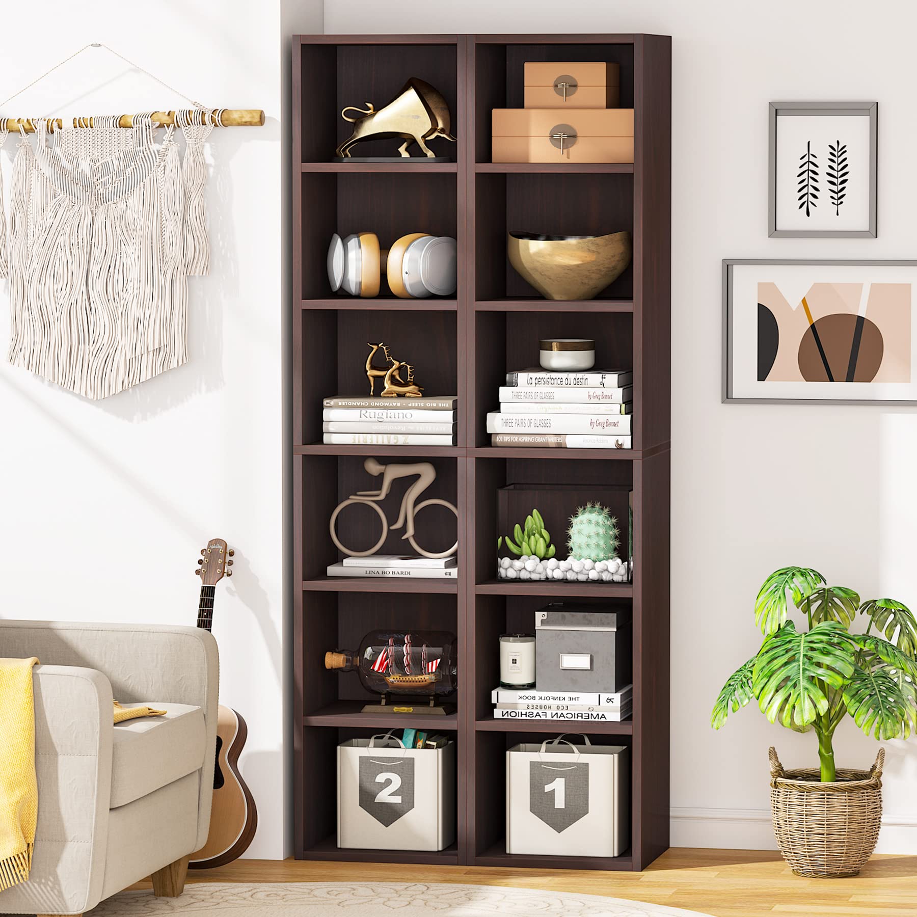 Tribesigns 70.9 Inch Tall Narrow Bookcase Set of 2 - Rustic Corner Bookcase with Storage, 6 Tier Cube Display Shelves for Home Office, Living Room, Bedroom & Study Organization