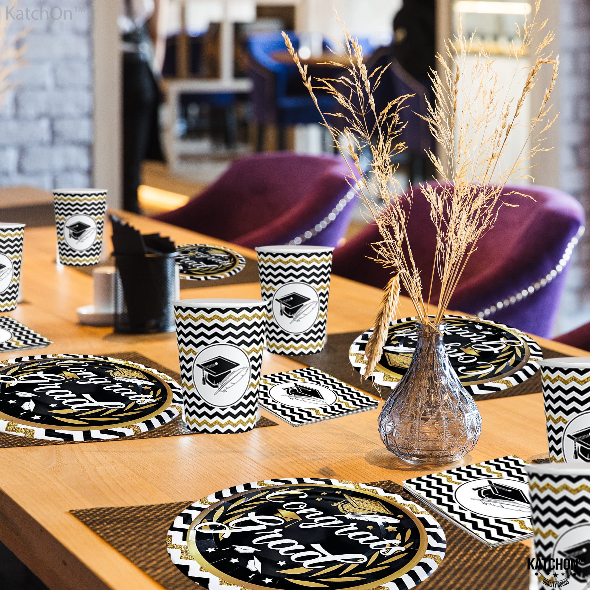KatchOn 2025 Graduation Party Plates & Napkins Set - 44-Pack Black & Gold Congrats Grad Decorations for Commencement Celebrations | Perfect for Graduation Ceremonies, Open Houses & Senior Parties