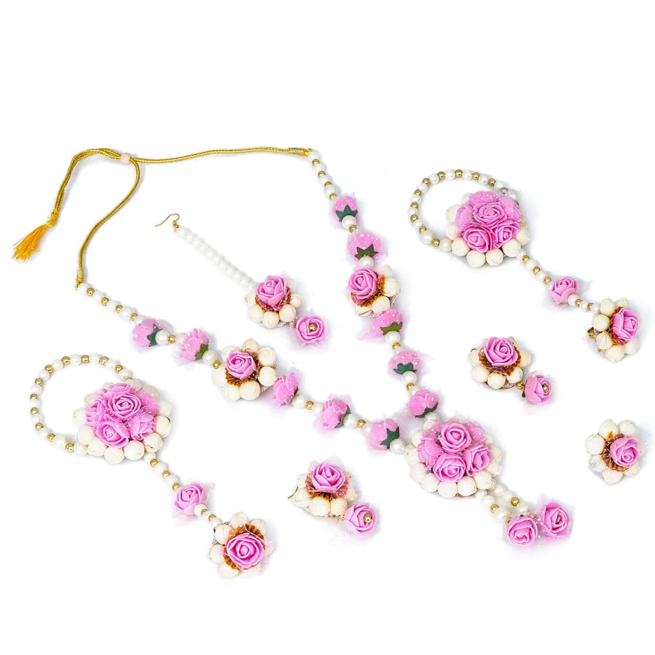 Sanvatsar Handmade Haldi & Mehndi Jewelry Set for Women - Floral Bridal Jewelry Gift (Pink & Orange) for Indian Weddings, Baby Showers & Traditional Ceremonies