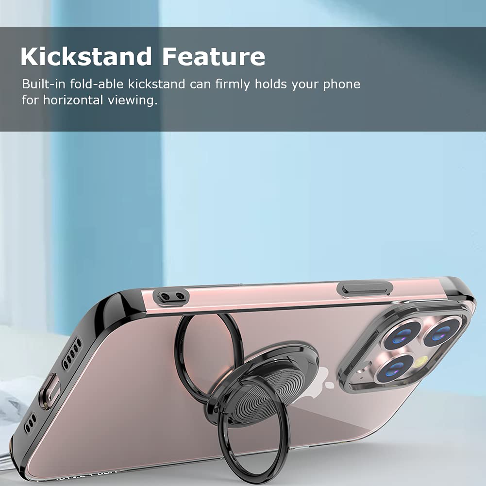 Ultra Slim Soft TPU iPhone 13 Pro Case 6.1 Inch with Rotatable Ring Kickstand & Magnetic Car Mount - Black | Perfect for Daily Use, Travel & Hands-Free Viewing