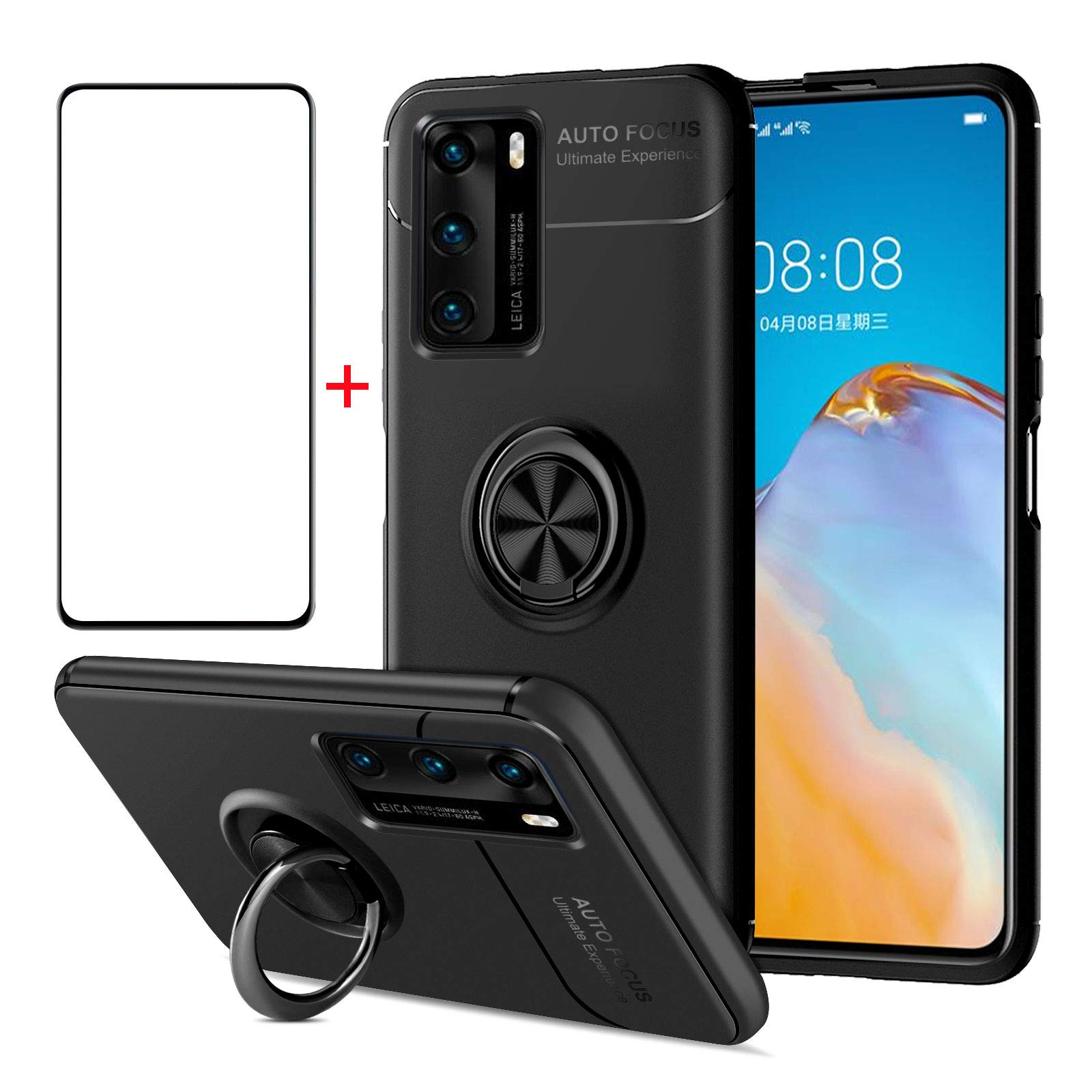 **AKABEILA Huawei P40 Pro Case with Tempered Glass Screen Protector - Carbon Fiber Silicone Cover with Kickstand, Shockproof & Durable for 6.1