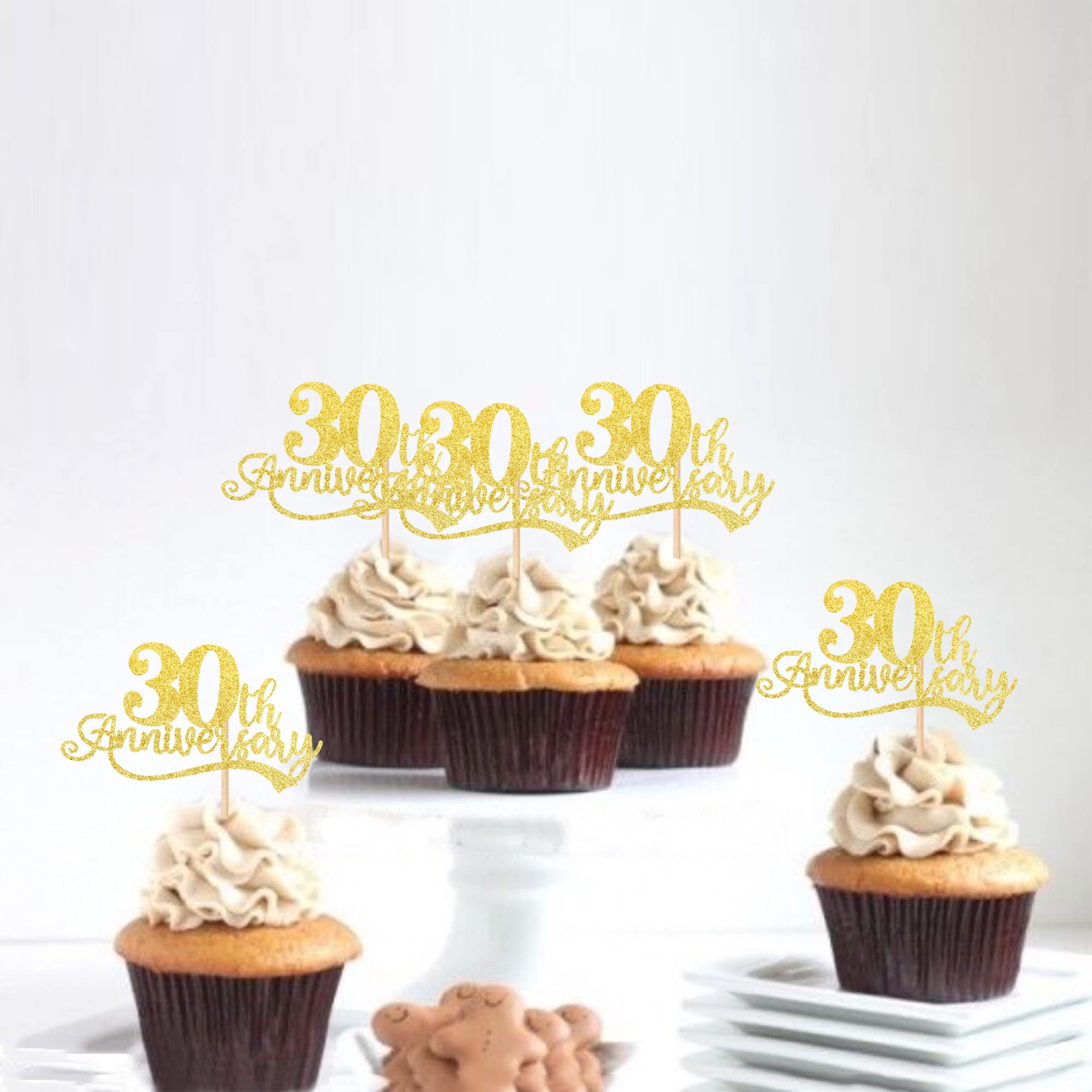24 Pack Gold Glitter Cupcake Toppers - Cheers to 30 Years Wedding Anniversary & Birthday Party Decorations - Cake Picks for 30th Birthday, Retirement Party Supplies - Perfect for Wedding, Anniversary & Birthday Celebrations