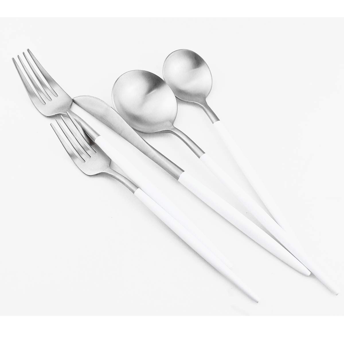 Premium 18/10 Stainless Steel Flatware Set - 5-Piece Matte White Handle Silverware (Fork, Spoon, Knife) for Dining, Camping & Travel - Durable Cutlery for Home, Outdoor & Restaurant Use