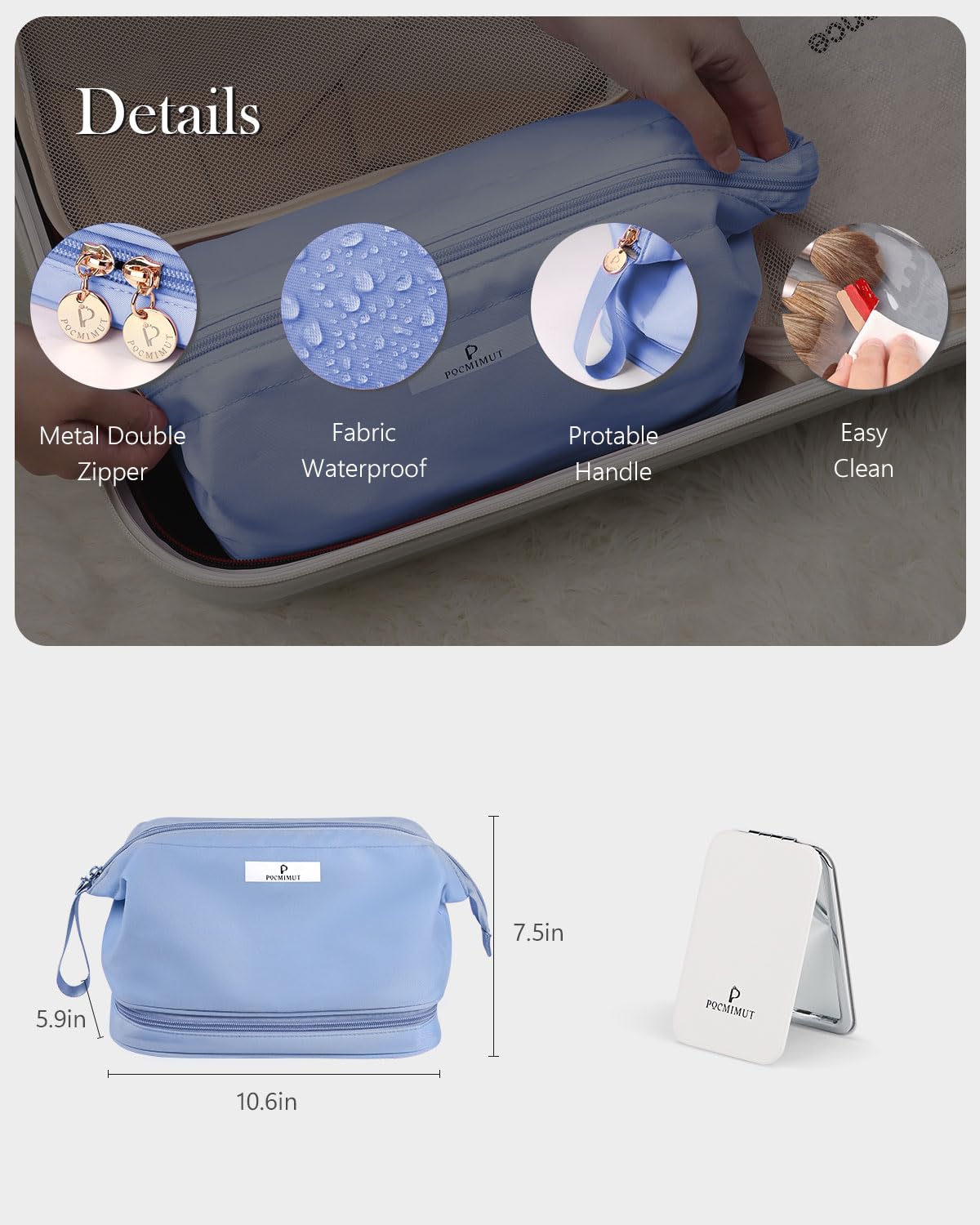 Pocmimut Large Double Layer Makeup Bag for Women & Girls - Travel Cosmetic Organizer with Brush Holder, Waterproof Toiletry Bag (Baby Blue) - Perfect for Travel, Gym, and Daily Makeup Storage