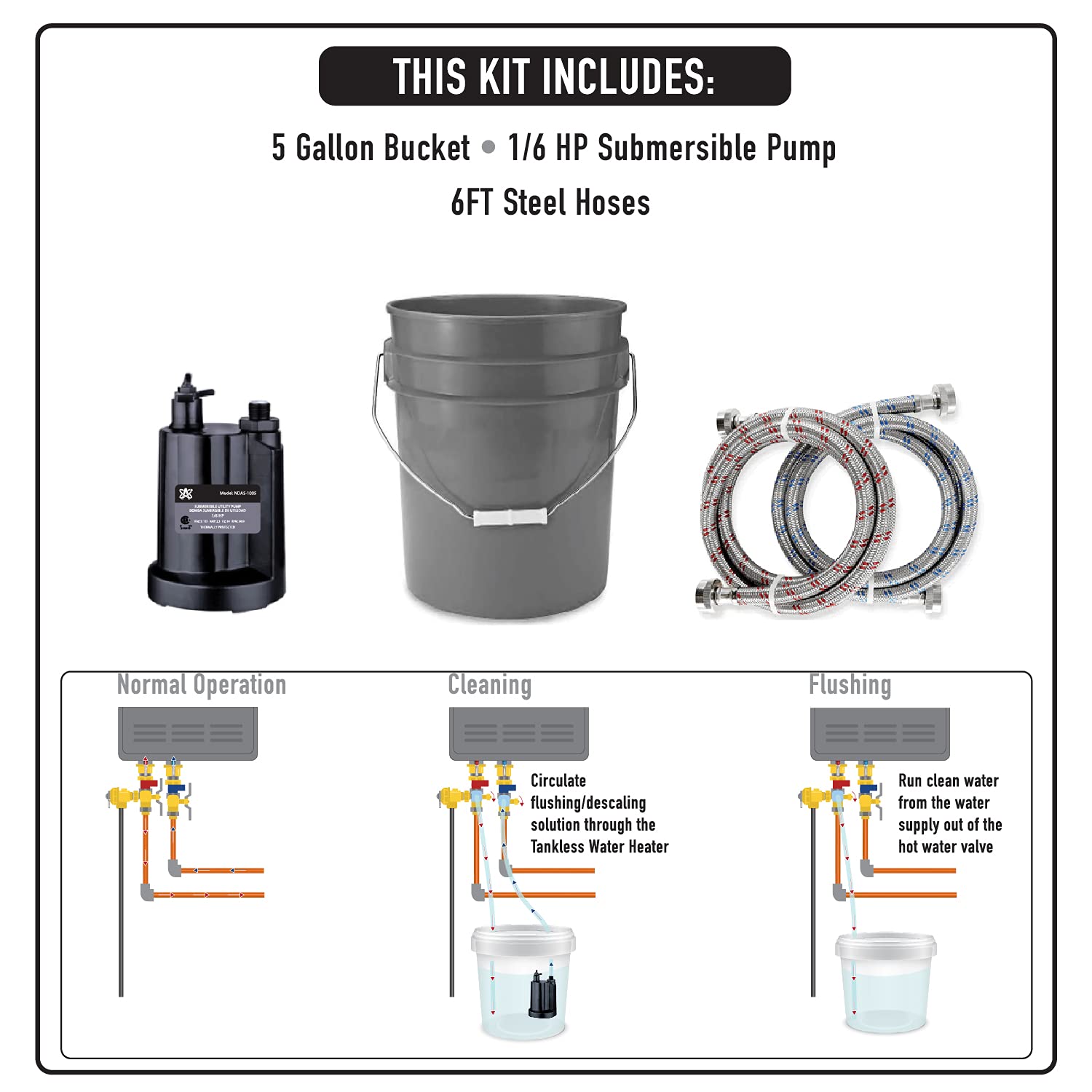 High-Power 1/6 HP Submersible Pump Tankless Water Heater Flush Kit - Perfect for RV, Home & Outdoor Use