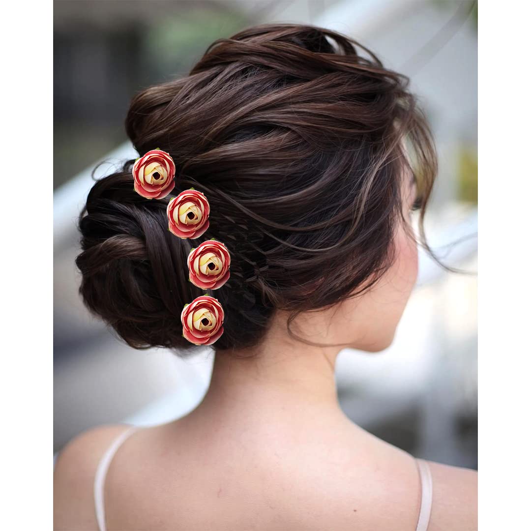 Artificial Rose Hair Pins - Peach Floral Hair Clips for Women, Bridal Hair Accessories, Juda Pin for Weddings & Special Occasions