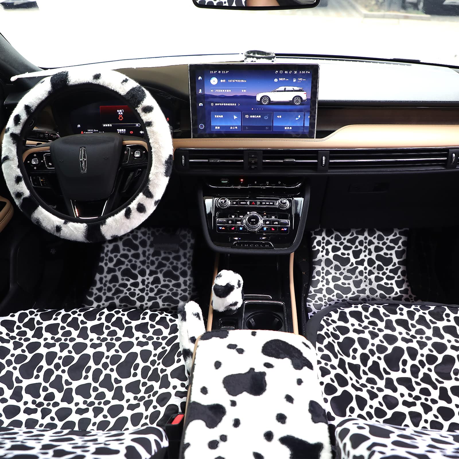 26PCS Cow Print Car Seat Covers Set - Soft Fluffy Steering Wheel Cover & Accessories for Women's Car Interior - Perfect for Winter & Christmas Gifts