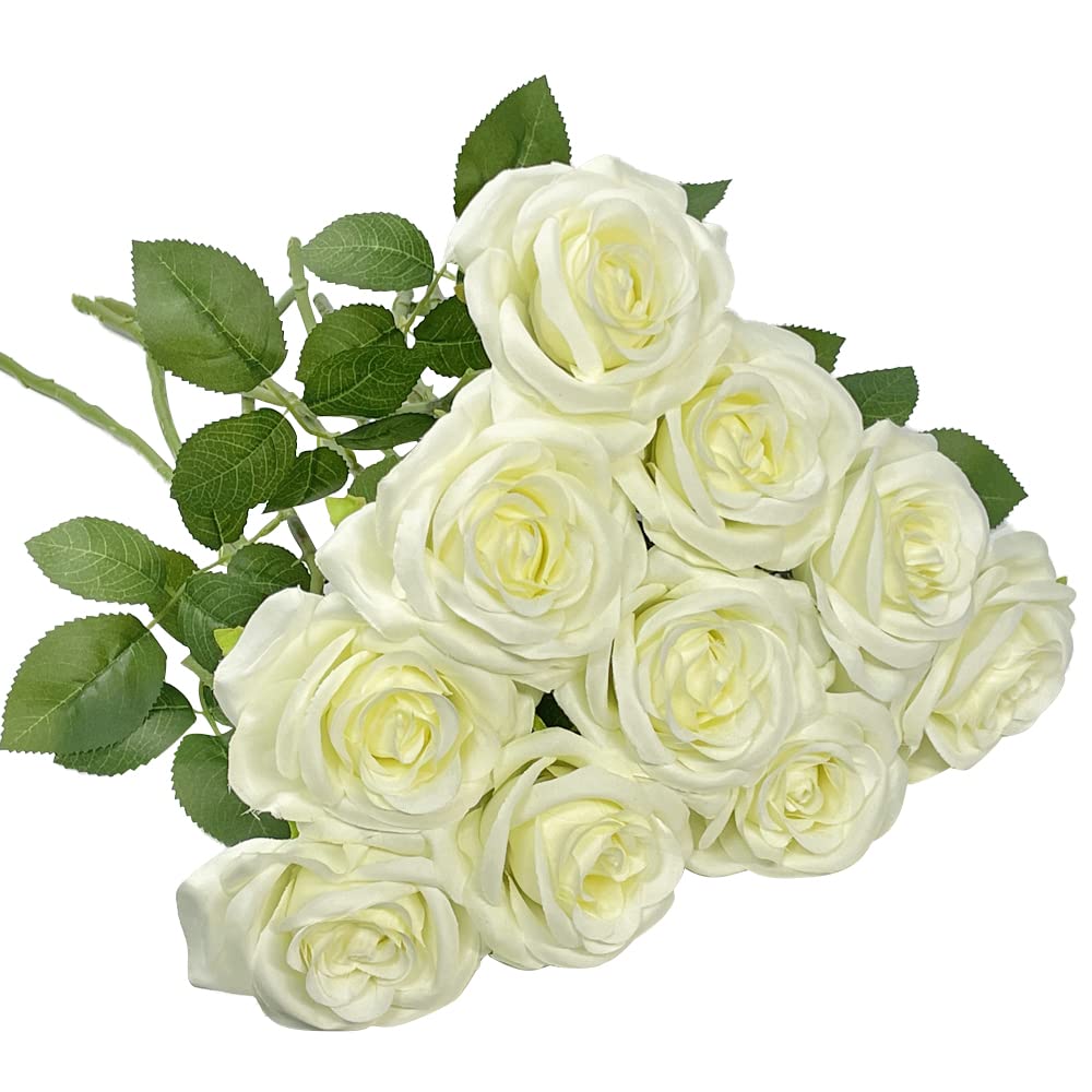 Premium Artificial Silk Roses - 10 Pack Real Touch Fake Flowers with Long Stems for Wedding, Home, Party & Kitchen Decor (Creamy White) | Elegant Centerpieces, Table Arrangements & DIY Floral Projects