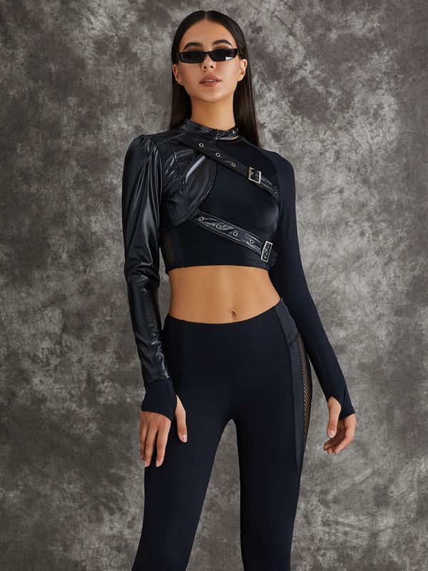ZASUWA Women's High Waist PU Leather Thumbhole Workout Leggings - Tummy Control & Hip Lift for Yoga, Running, Gym & Fitness