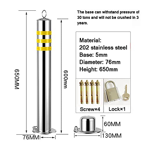 2 Pack Stainless Steel Parking Bollards with Padlock & Reflective Strips - 650×76mm (25.5×3in) Driveway Markers for Commercial & Private Use - Perfect for Parking Lots, Driveways & Property Boundaries