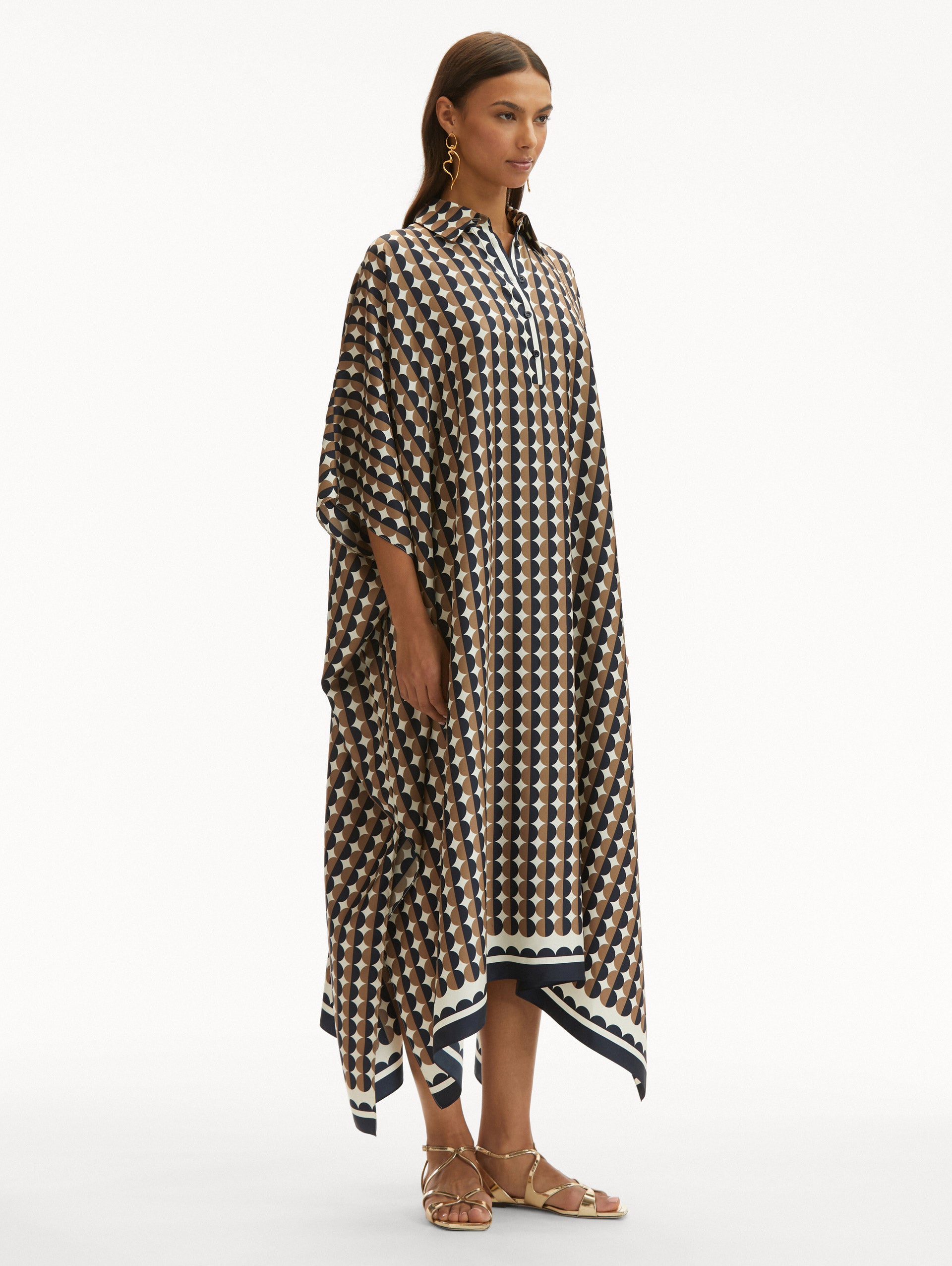 Elegant Geometric Circle Print Silk Twill Caftan Dress - Boho Chic Beach Cover Up, Resort Wear & Summer Evening Gown for Women