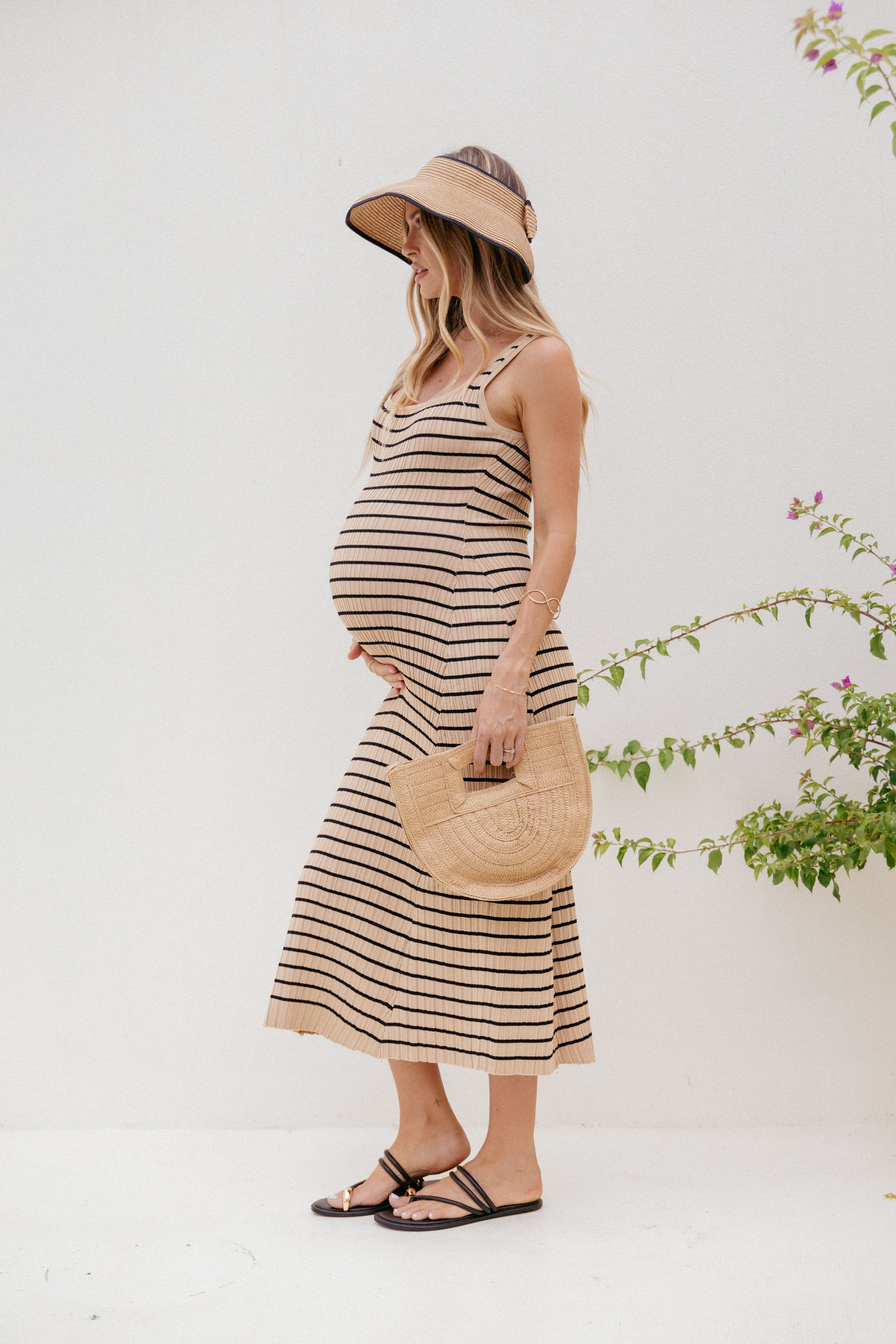 Henry Striped Midi Dress in Beige & Black | Flowy Summer Dress for Women | Perfect for Beach Vacations, Date Nights & Office Wear