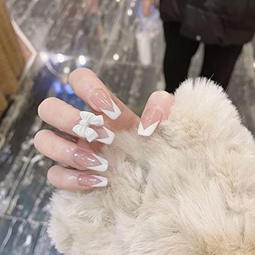 24Pcs French Fake Nails Set - Detachable Bow Shaped Artificial Nail Tips with White Bowknot Design, Coffin Style Wearable False Nails for Manicure | Perfect for Parties, Weddings, and Special Occasions