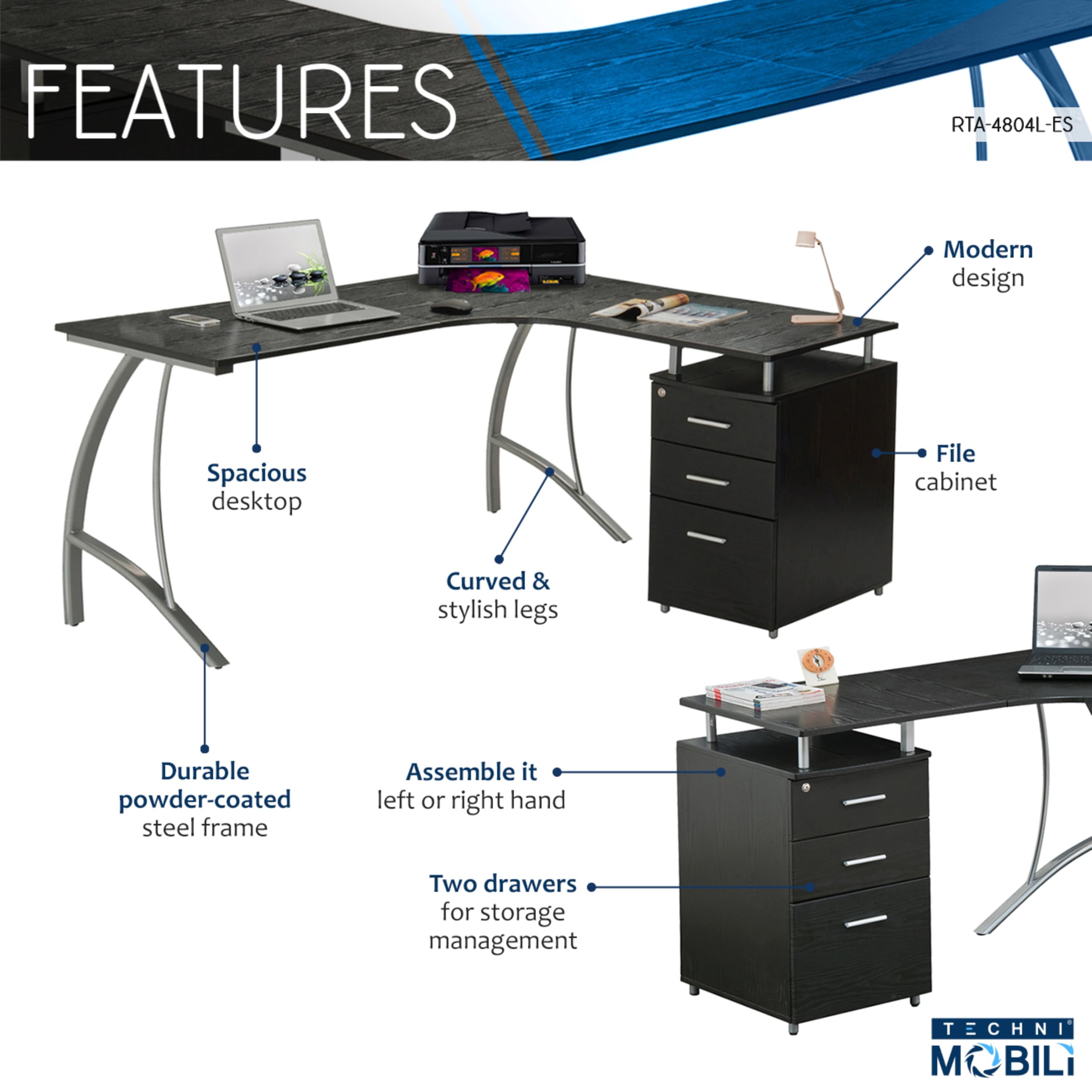 Techni Mobili L-Shaped Computer Desk with File Cabinet & Corner Storage - Adjustable Left/Right Hand Configuration, Espresso Brown - Perfect for Home Office, Study & Workspace Organization