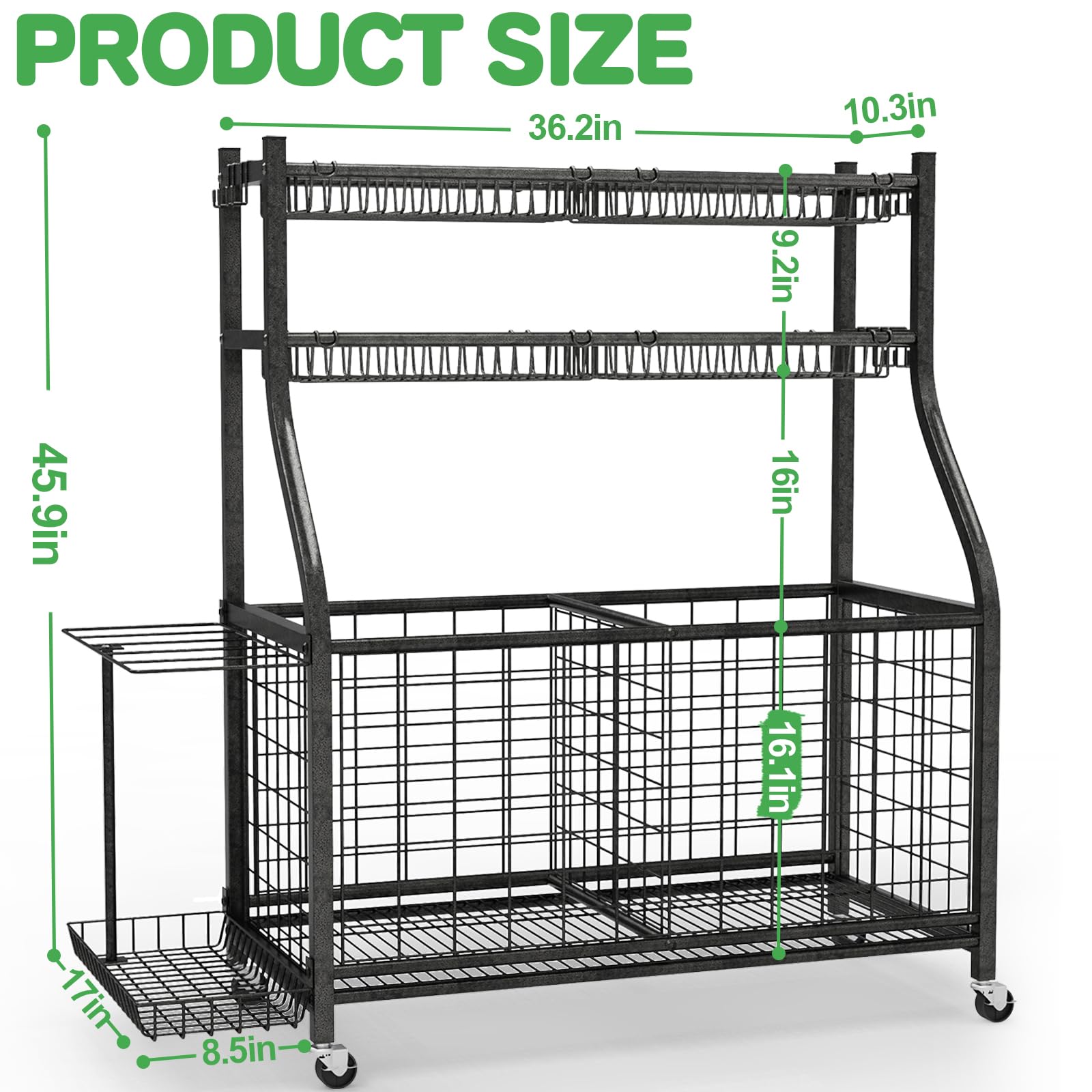 Heavy Duty Garage Sports Equipment Organizer with 4 Baskets & 6 Hooks - Ball Storage Rack for Basketball Soccer Baseball - Garage Organization System for Toys, Bikes & Outdoor Gear - Perfect for Home Gym, Playroom & Backyard Storage