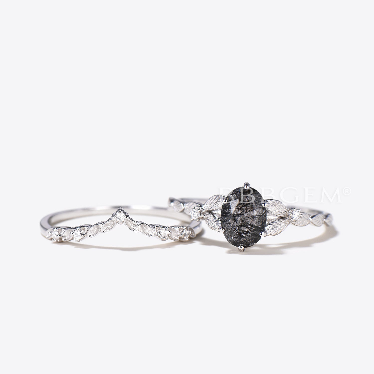 Oval Black Tourmaline & Rutilated Quartz Engagement Ring Set - Nature Inspired V-Shaped Leaf Design with Diamond Accents in Rose Gold - Perfect for Weddings, Anniversaries & Romantic Gifts