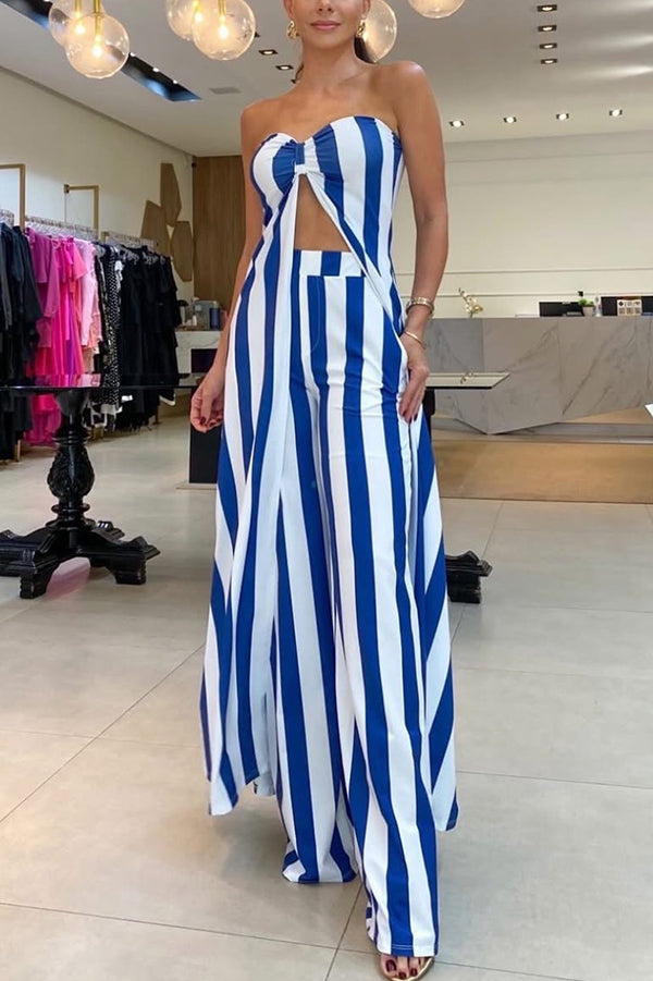 Women's Striped Off-Shoulder Long Sleeve Top & Loose Pocket Straight Pants Casual Outfit Set - Perfect for Daily Wear, Office, Dating and Weekend Outings