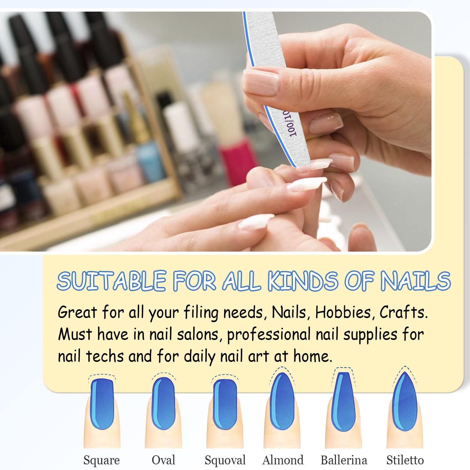 12-Pack Double Sided 100/100 Grit Emery Board Nail Files - Washable & Reusable for Acrylic & Natural Nails - Perfect for Nail Salons, Home Manicures & Professional Nail Care