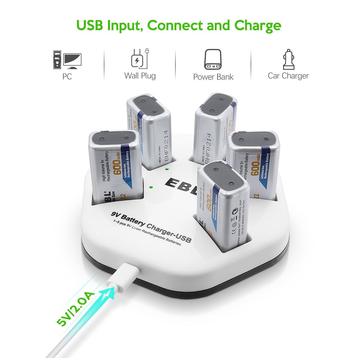 EBL 5-Pack 9V Lithium Ion Rechargeable Batteries with 5-Bay Smart Charger - Perfect for Smoke Detectors, Guitar Pedals & Electronic Devices
