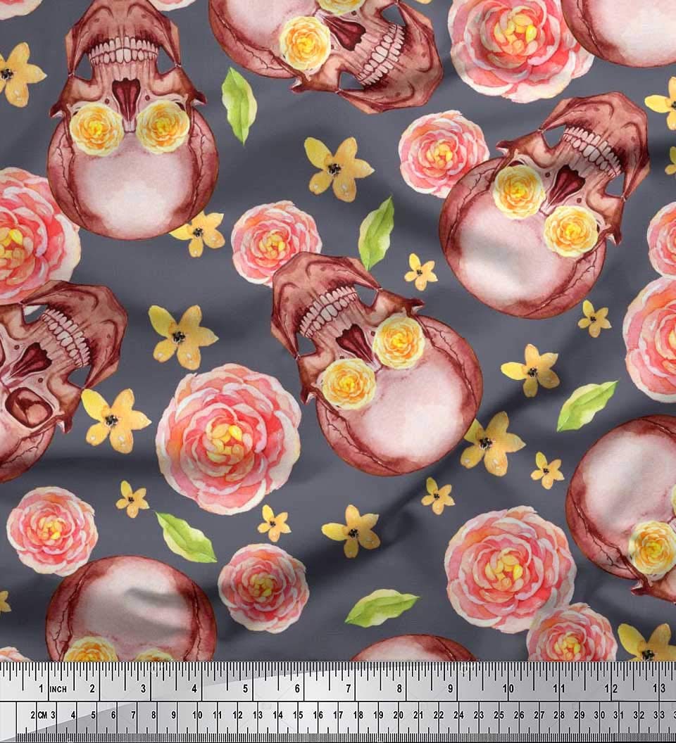 Soimoi Moss Georgette Brown Fabric by The Yard - 42 Inch Wide Skull & Begonia Floral Printed Textile for Fashion Design, DIY Crafts, and Home Decor - Edgy Whimsical Fabric for Dresses, Curtains, and Unique Creations