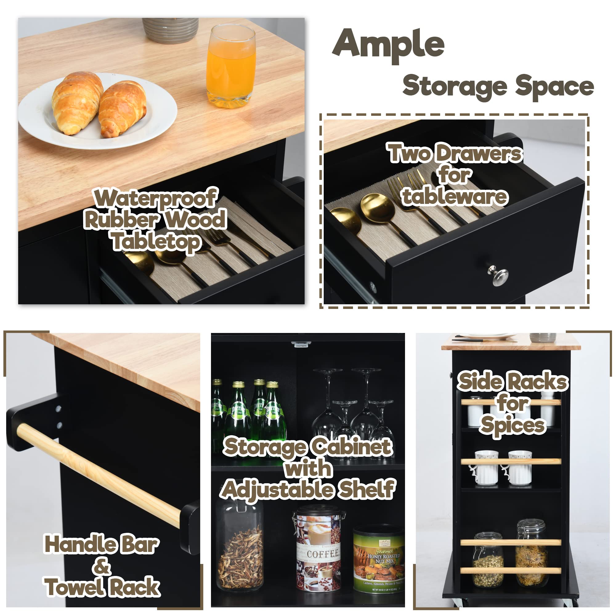 LOKO 3-Tier Rolling Kitchen Island Cart with Spice Rack & Towel Holder - Mobile Microwave Stand with Wheels & Rubber Wood Tabletop - 34.5