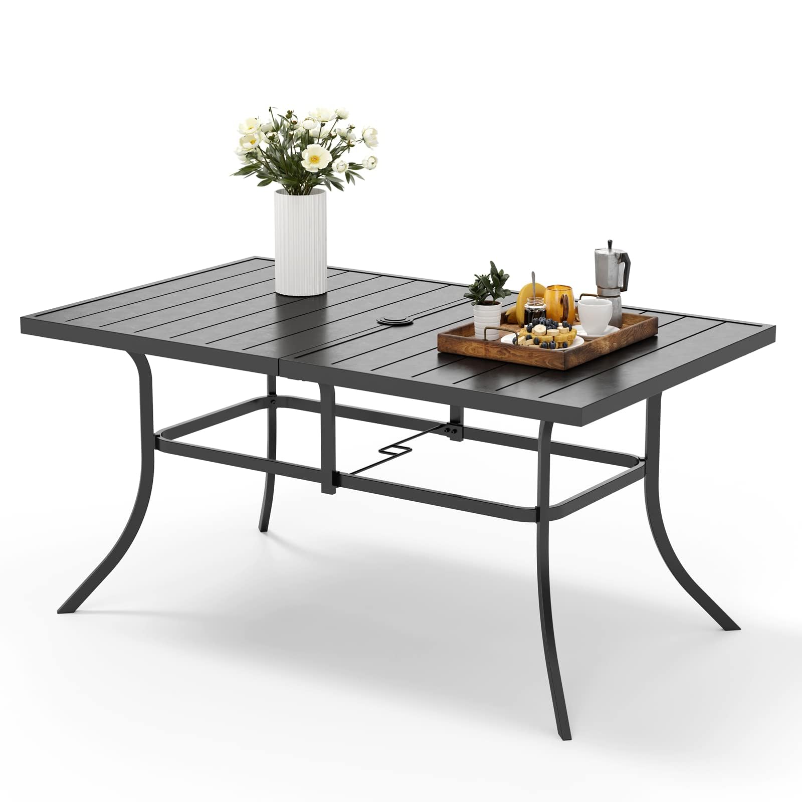 MFSTUDIO 6-Person Outdoor Patio Dining Table - Weatherproof Rectangle Metal Table with Adjustable Umbrella Hole - Perfect for Backyard, Garden, Poolside & BBQ Gatherings - Black