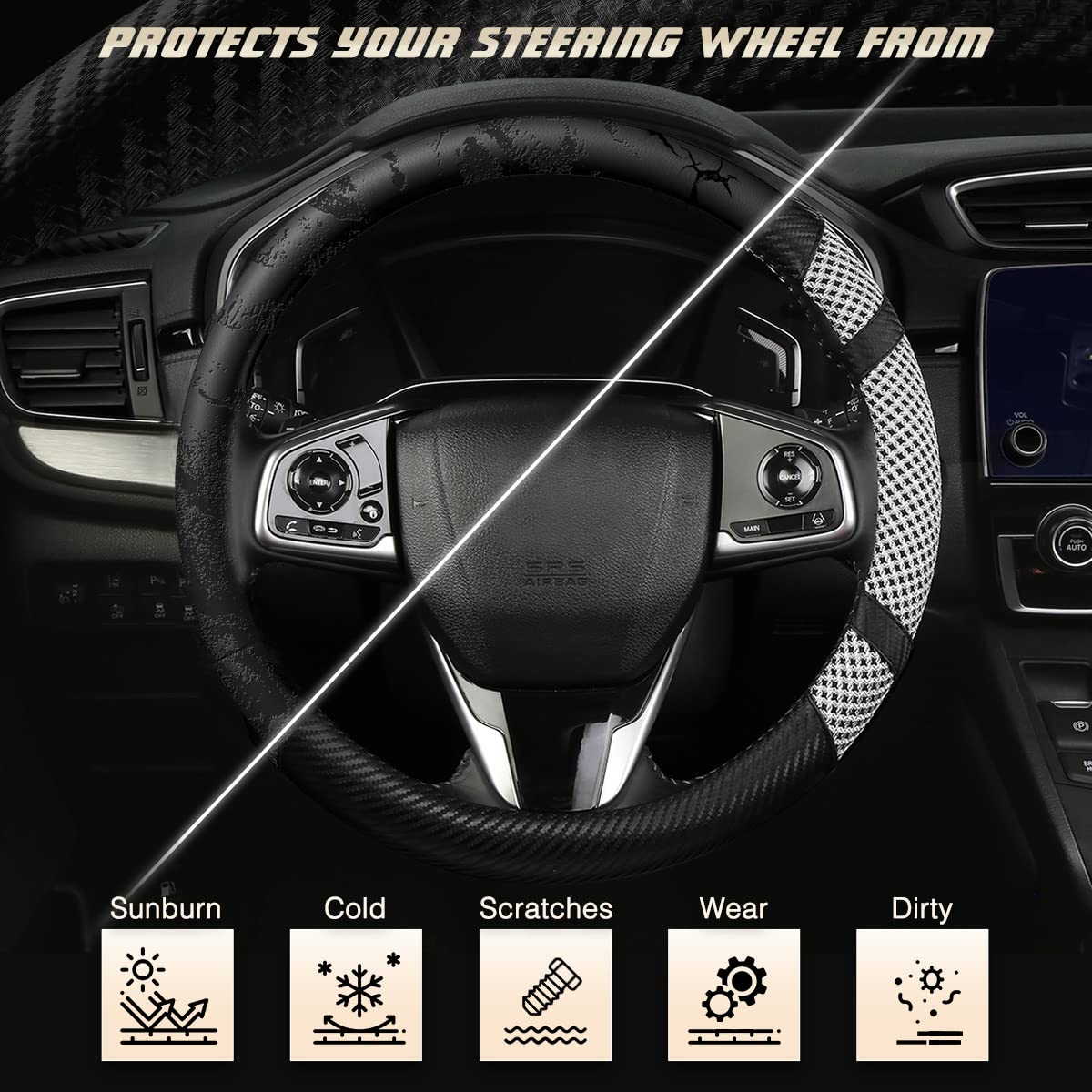 BOKIN Carbon Fiber Steering Wheel Cover - Universal 14.5-15 Inch, Microfiber Leather Car Accessory, Breathable Ice Silk Wheel Protector for All-Season Comfort (Cool in Summer, Warm in Winter) - Carbon Fiber Gray - Perfect for Daily Commuting, Road Trips & Enhancing Driving Comfort