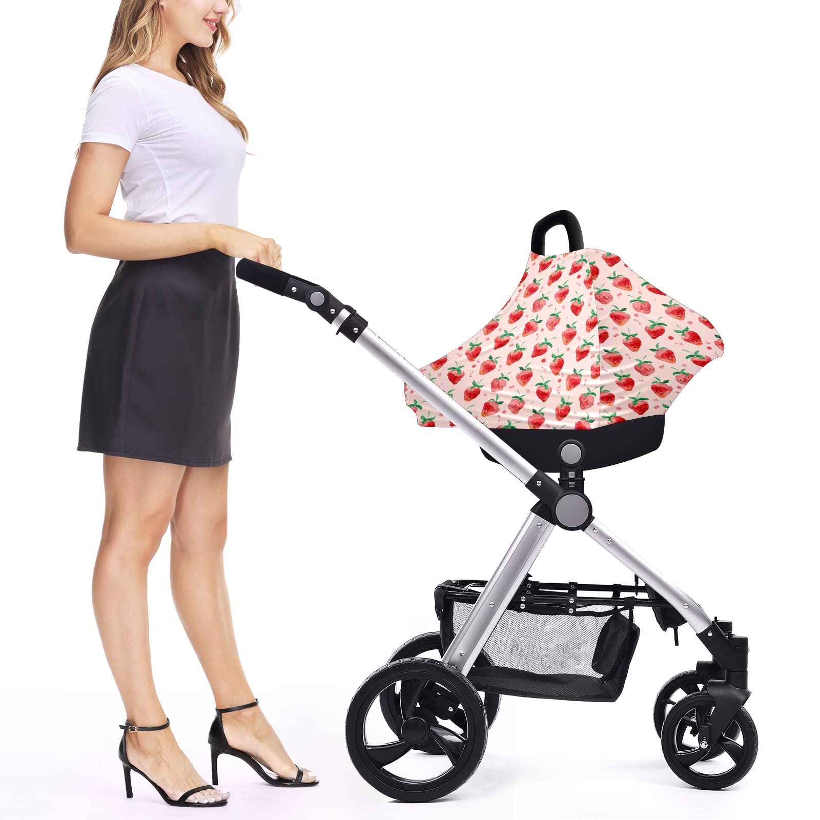 Soft Stretchy Baby Car Seat Cover & Nursing Scarf - Breathable Summer Infant Canopy for Strollers, Carriers, and Breastfeeding - Multi-Use for Boys & Girls (Strawberry Fruit Design) - Perfect for Outdoor Walks, Shopping Trips, and Travel Protection