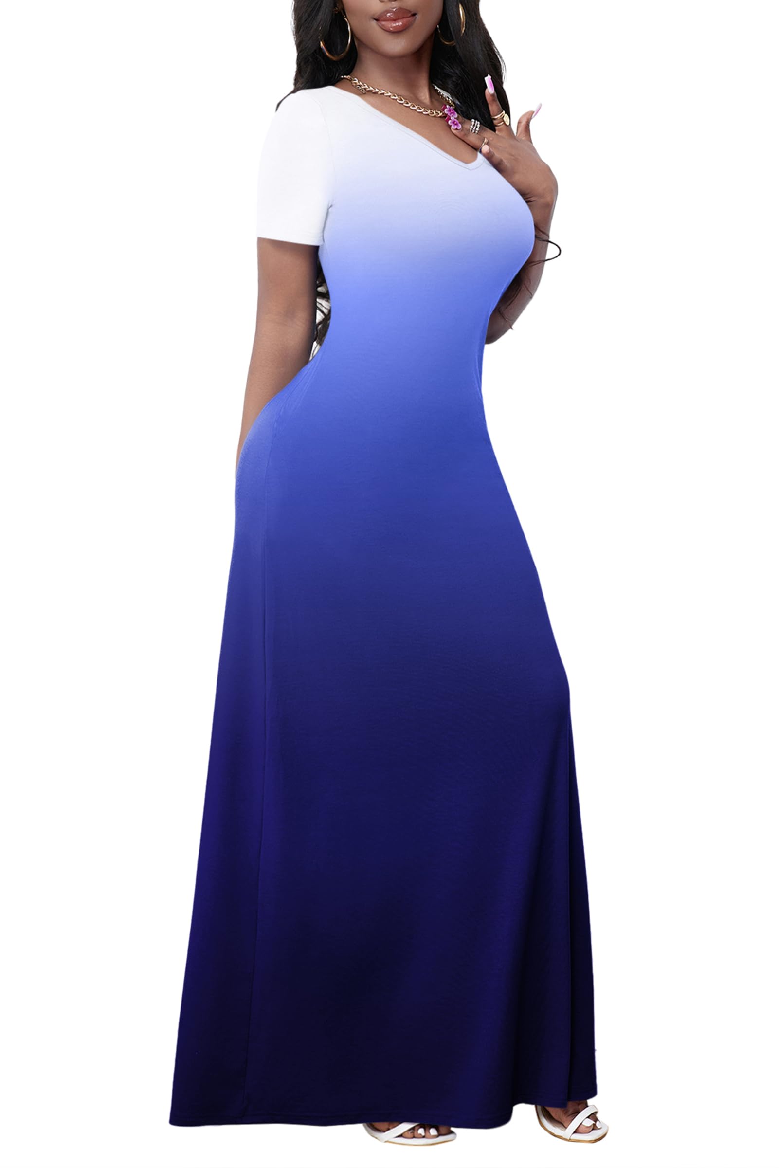 FANDEE Women's Maxi Dress - Short Sleeve Summer Dress with V-Neck & Pockets | Casual Loose Long T-Shirt Dress for Beach, Vacation & Everyday Wear