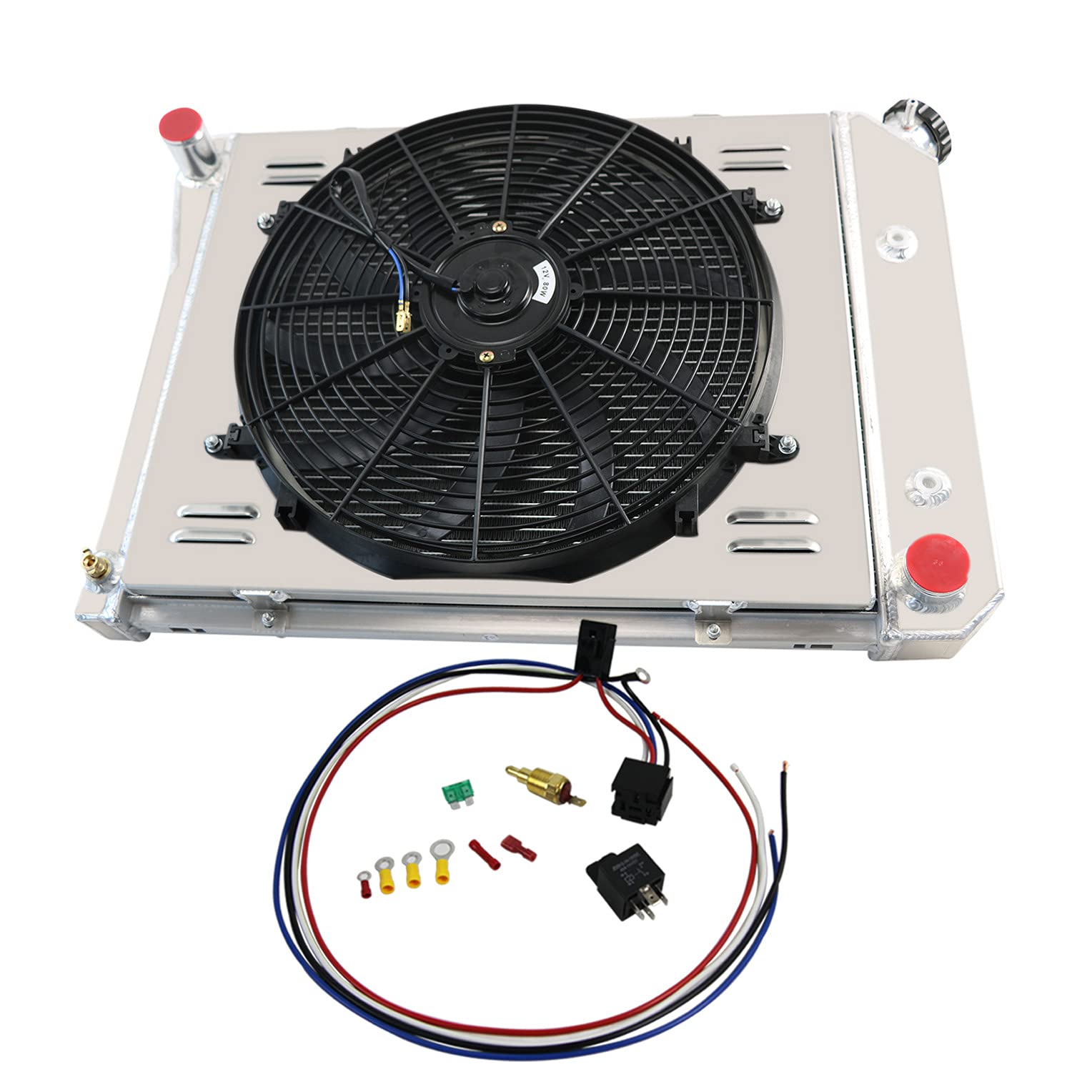 High-Performance 3-Row Aluminum Radiator for 1968-1974 Chevy Nova & 1975-1987 El Camino - Also Fits 1964-1987 Chevy Buick Oldsmobile Pontiac Models (Chevelle, Camaro, Malibu, Impala, LeSabre) - Complete Cooling Kit with Fan Shroud & Relay - Perfect for Classic Car Restoration & Hot Rod Upgrades
