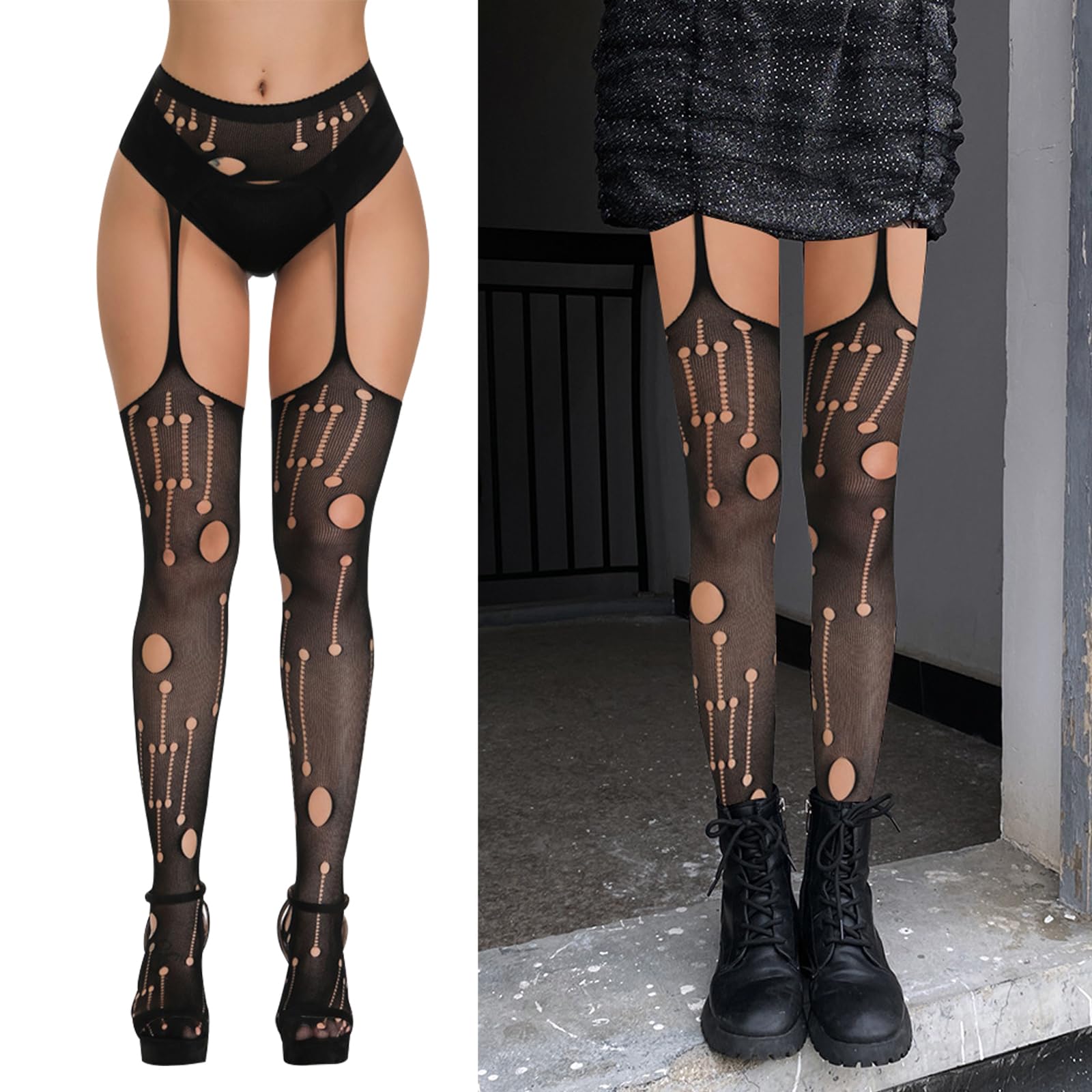 SOUTHRO 5 Pairs Fishnet Thigh High Stockings with Garter Belt Set - Sexy Patterned Tights & Suspender Pantyhose for Women & Girls | Perfect for Halloween, Cosplay, Lingerie & Night Out Outfits