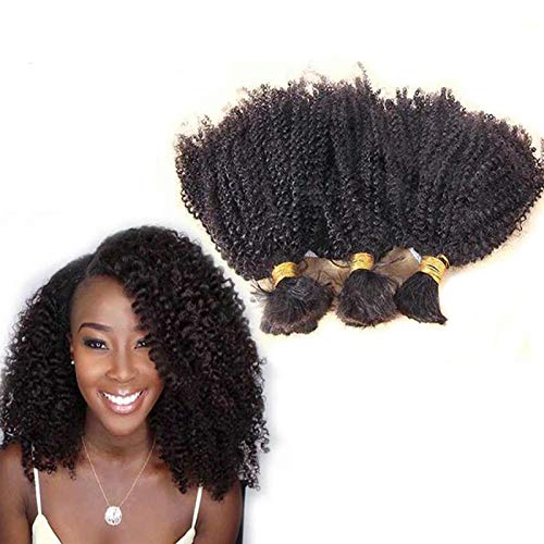 100% Unprocessed Kinky Curly Human Hair Extensions - 3 Bundles Afro Mongolian Hair (14 inch, Natural Black) | No Weft Weaving Bulk for Braiding | Perfect for Protective Styles, Wig Making & Natural Hair Care