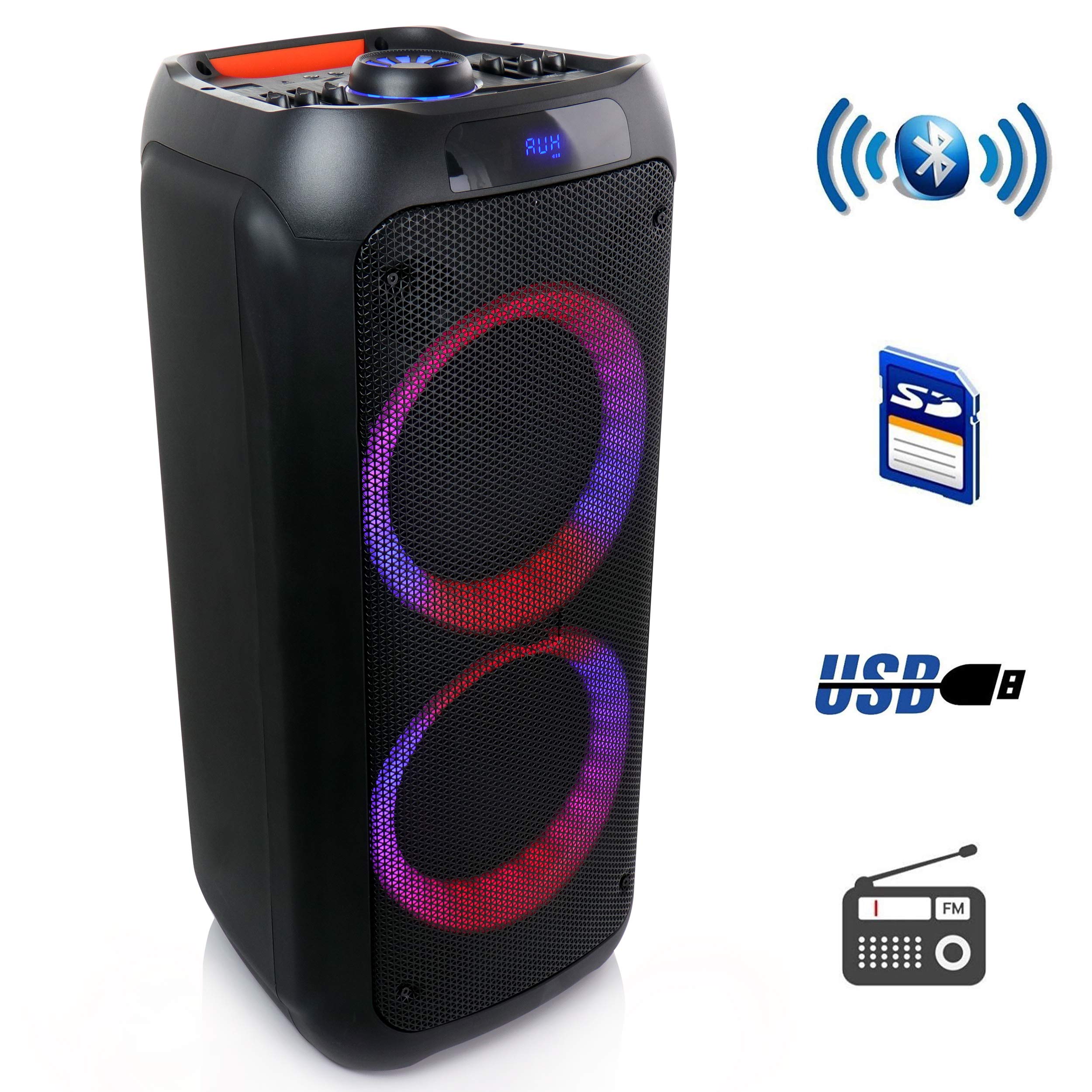 beFree Sound Dual 8 Inch Bluetooth Wireless Portable Party Speaker with Colorful LED Lights - Perfect for Outdoor Gatherings, Beach Parties & Home Entertainment
