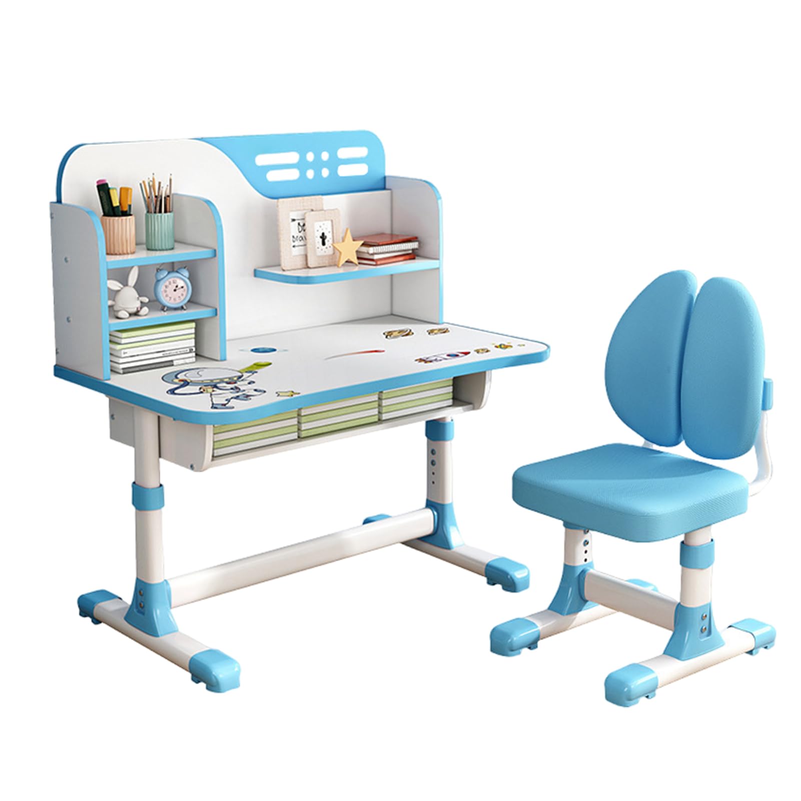 **Adjustable Kids Study Desk & Chair Set with Astronaut Design - Ergonomic Children's Writing Table, Bookshelf & Storage Drawer - Perfect for Homeschooling & Small Spaces (Blue)**