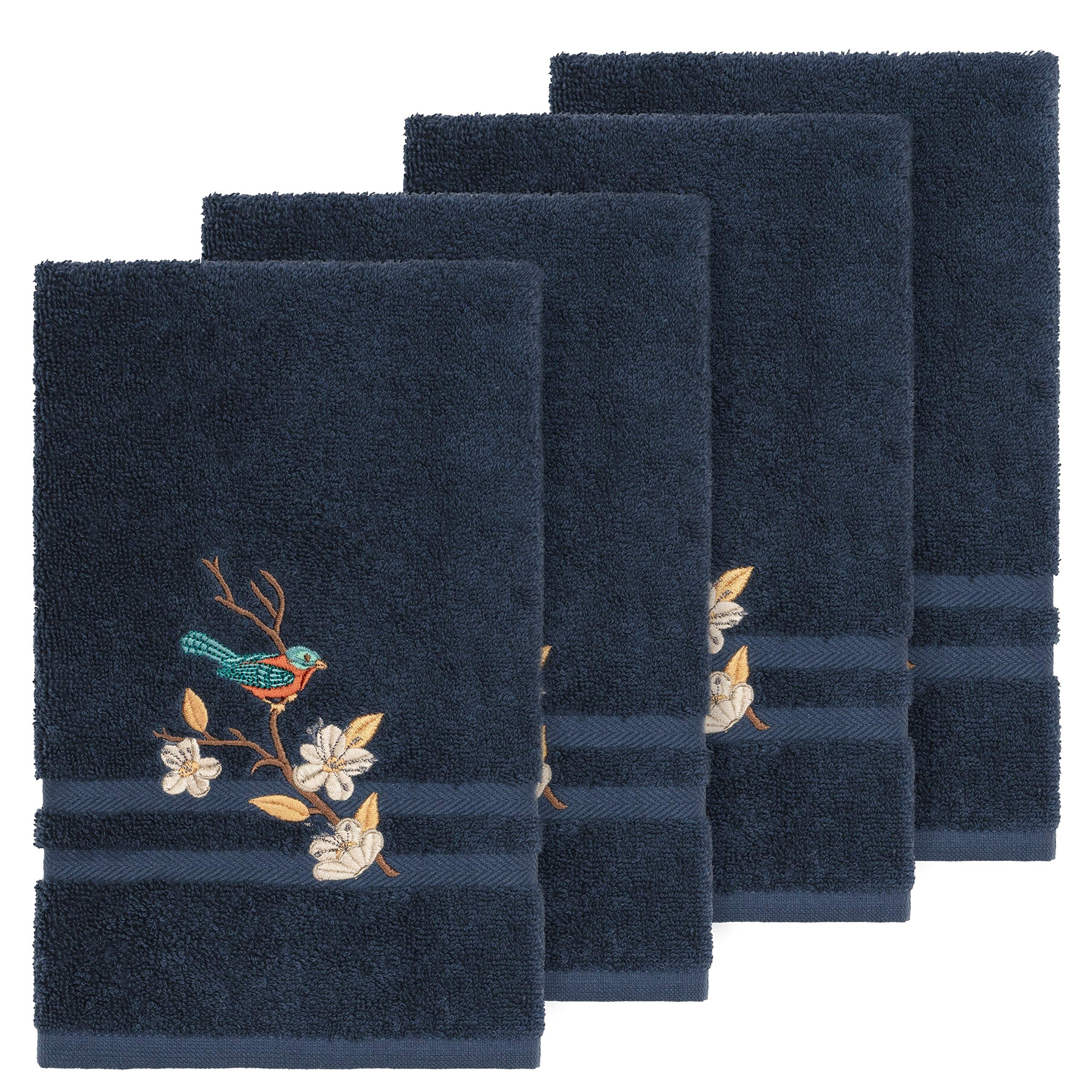 Premium Turkish Cotton 4-Piece Hand Towel Set - Blue Bird Embroidery on Midnight Terry Cloth | Soft & Absorbent Bathroom Towels for Guest Bath, Spa Day, and Luxury Home Decor