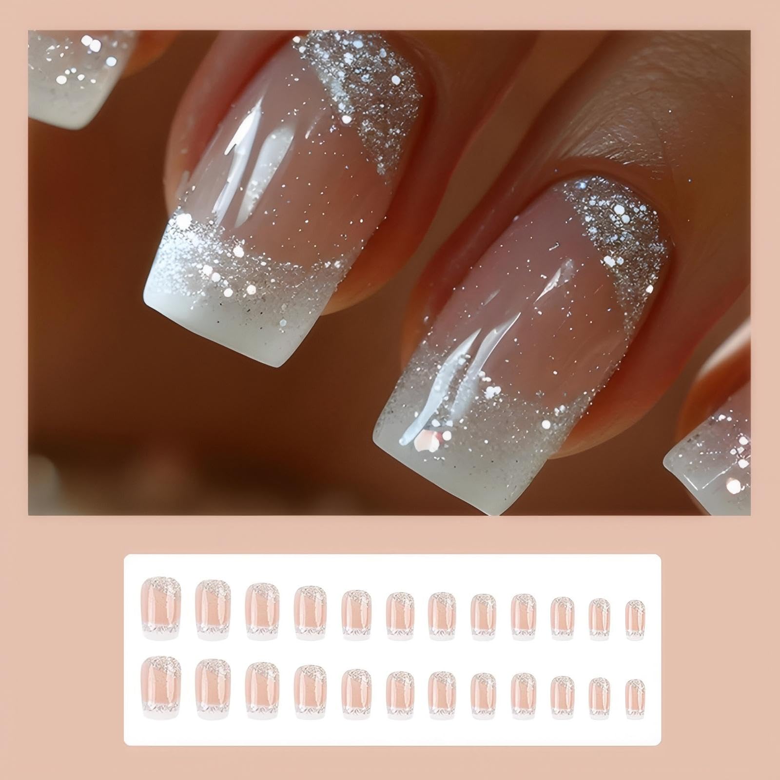 24pcs Silver Glitter French Press On Nails - Square White False Nails with Full Cover Design for Women | Perfect for Parties, Weddings & Special Occasions