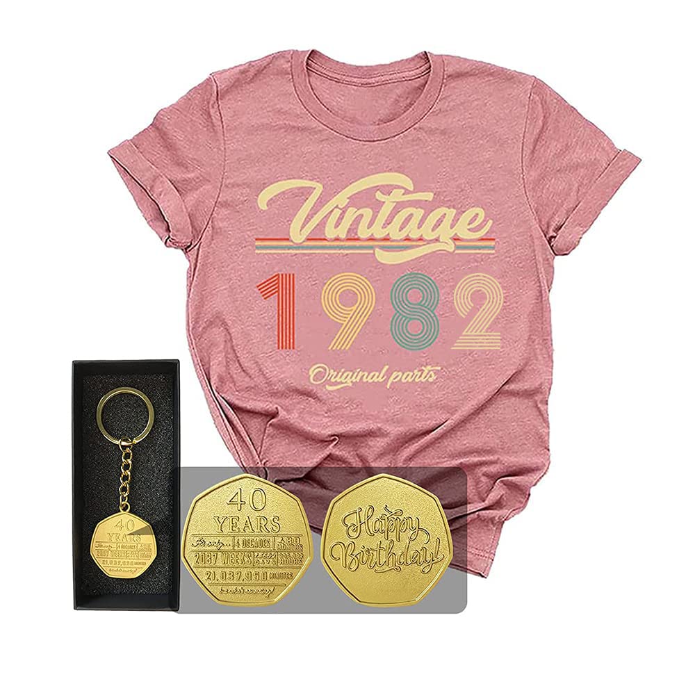Vintage 1982 40th Birthday T-Shirt for Women - 80s Retro Graphic Tee with Keychain Gift - Funny Birthday Party Outfit & Throwback Costume Idea
