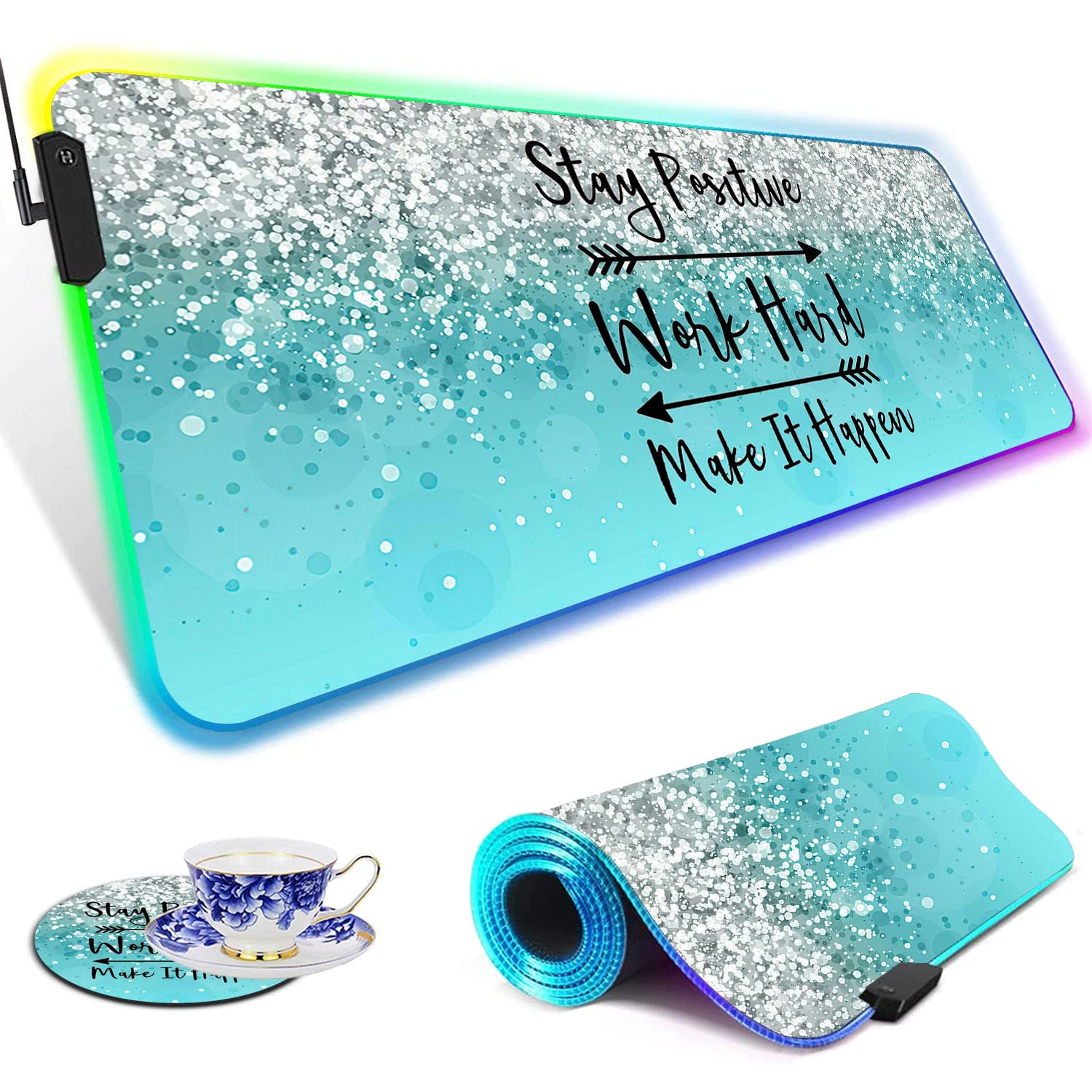 RGB LED Gaming Mouse Pad - Large Non-Slip Desk Mat with Optical Waterproof Surface for PC, Computer, Keyboard & Office Setup | Perfect for Gamers, Programmers & Esports Enthusiasts | Motivational Blue Light-up Design with 