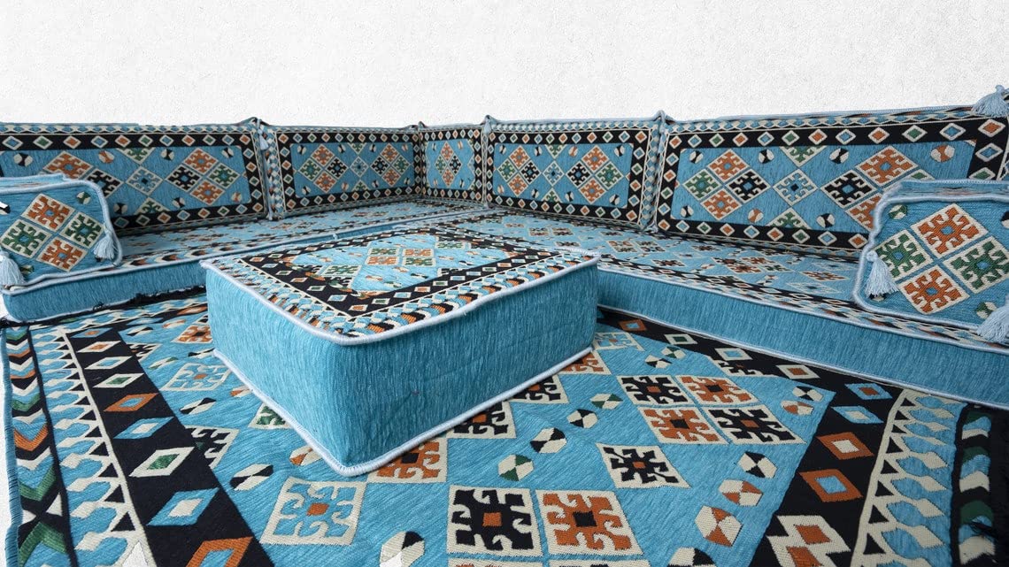 Turquoise Arabic Sofa - Bohemian Sectional Loveseat with Floor Cushions for Meditation & Lounge Seating | Perfect for Home Decor, Moroccan Style Living Room & Cozy Corner Relaxation