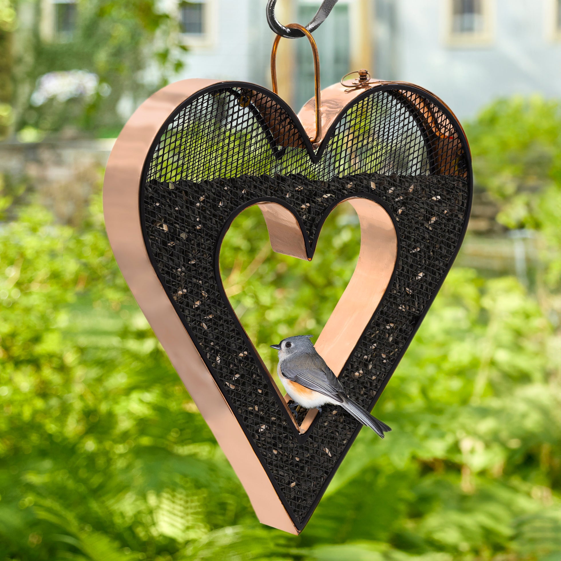 Be Still My Heart Fly Thru™ Copper Heart Shaped Bird Feeder With Mesh Panels - Perfect for Garden, Patio & Backyard Bird Watching