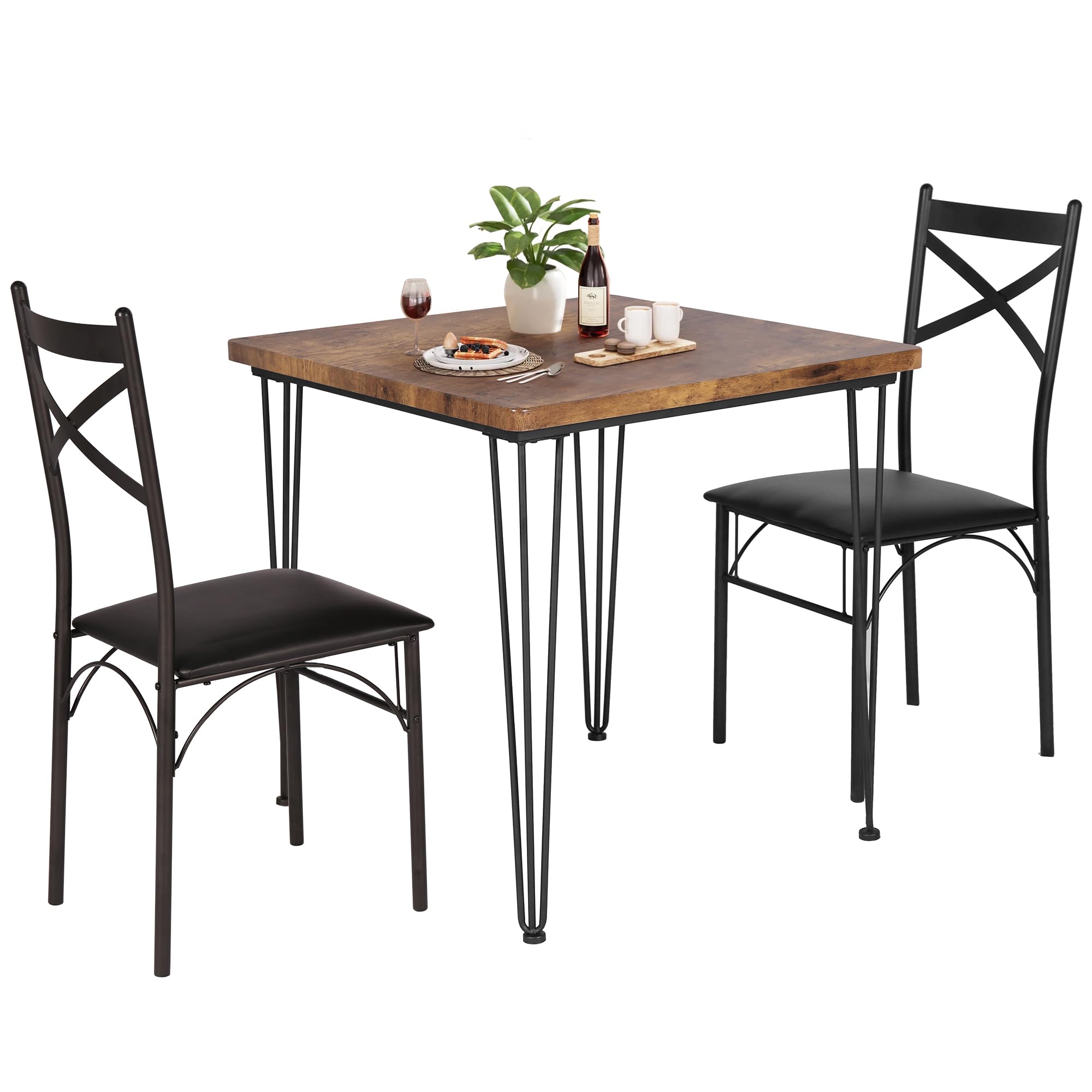 VECELO 3-Piece Dining Table Set with PU Cushion Chairs - Compact Kitchen Table for Small Spaces | Perfect for Apartments, Breakfast Nooks & Cozy Dining Areas