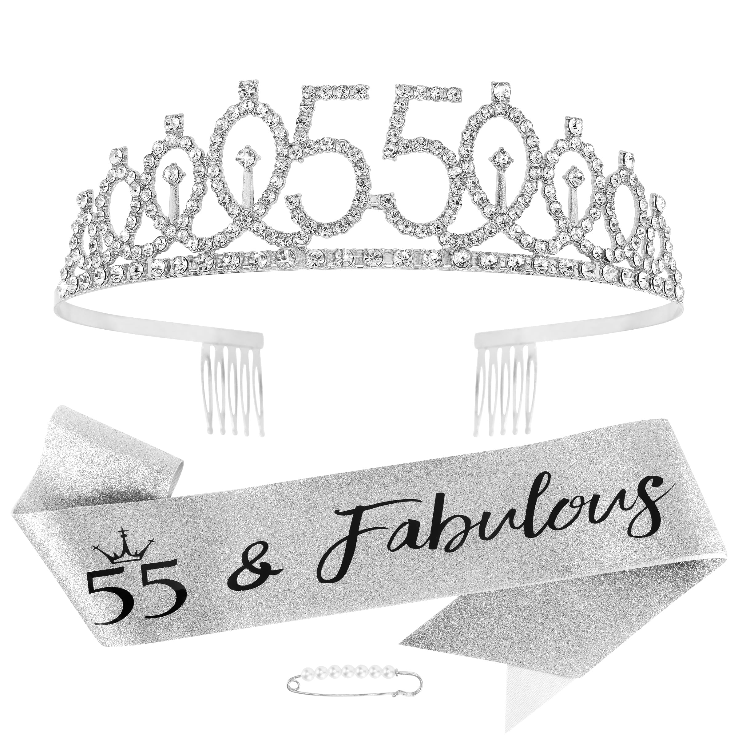 55th Birthday Sash & Tiara Set - Elegant Silver Birthday Crown for Women - Perfect 55th Birthday Gift & Party Decorations - Great for Milestone Celebrations, Birthday Parties & Photo Shoots