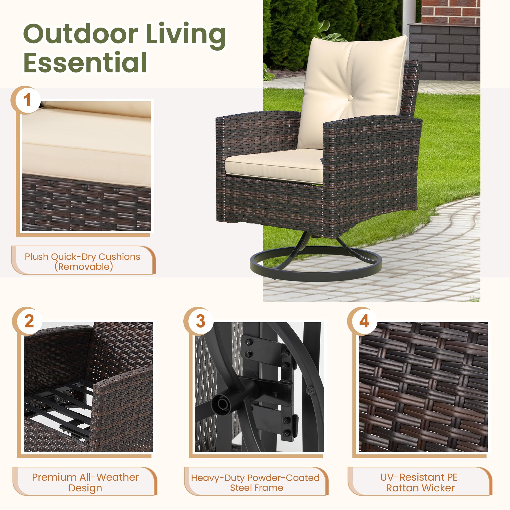 3-Piece Outdoor Patio Furniture Set with Swivel Rocking Chairs, Side Table & Washable Cushions - Beige - Perfect for Porch, Balcony, Deck, Garden and Backyard Relaxation