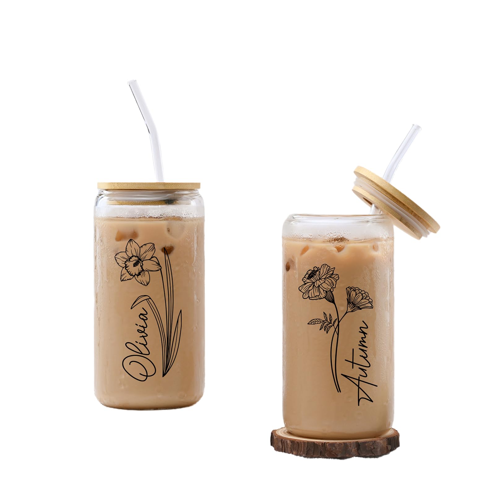 Personalized 20oz Glass Tumbler with Straw & Lid - Custom Name Engraved, Birth Month Flower Design - Perfect for Iced Coffee, Water & Tea - Great Gift for Women, Mom, Teachers (Birthday, Mother's Day, Anniversary) - Ideal for Office, Home, Gym & Travel Use