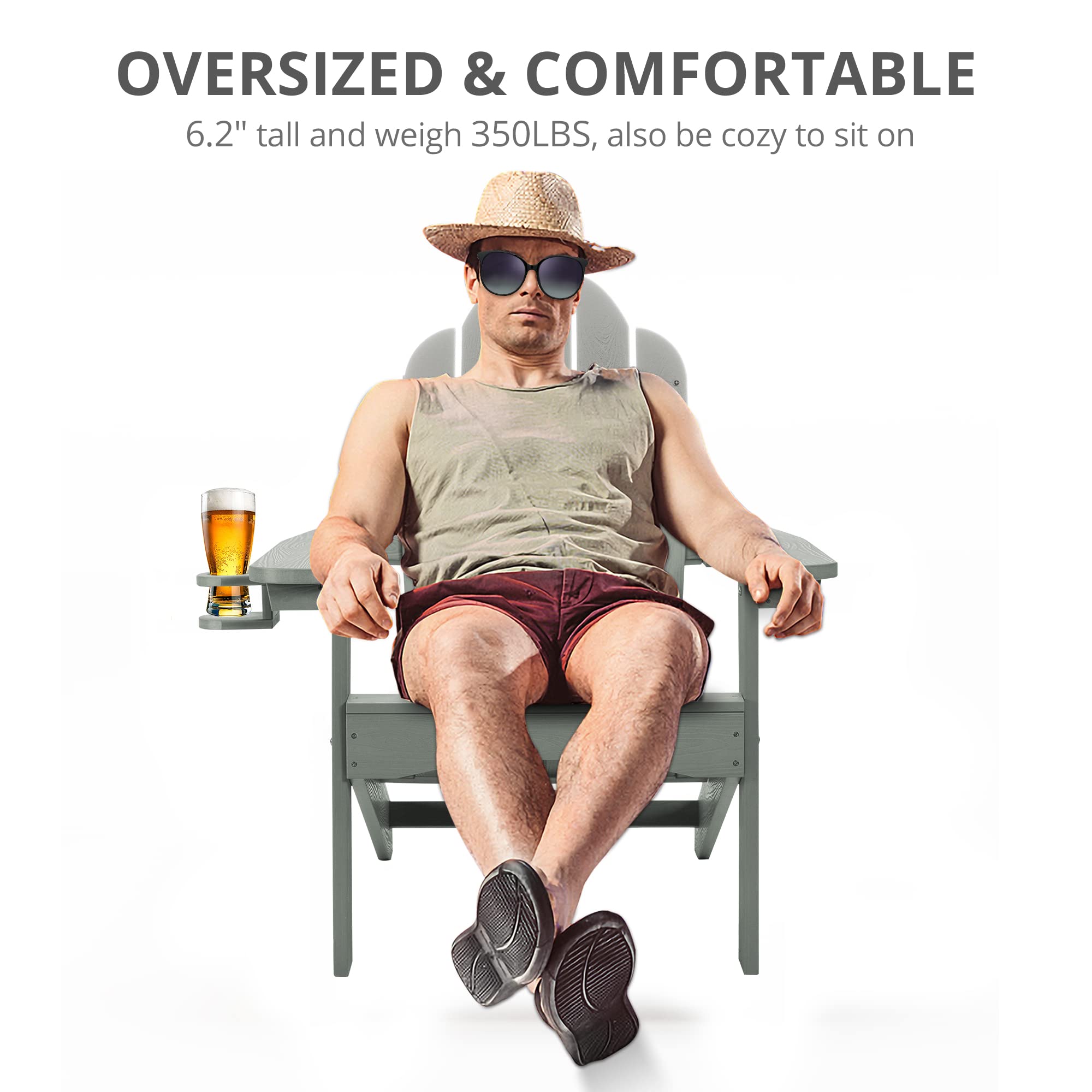 Premium LUE BONA HDPS Adirondack Chairs Set of 2 - Heavy Duty 350LB Capacity Weather-Resistant Outdoor Patio Chairs with Cup Holder - Perfect for Backyard, Deck, Garden & Fire Pit Relaxation - Modern Gray Plastic Furniture