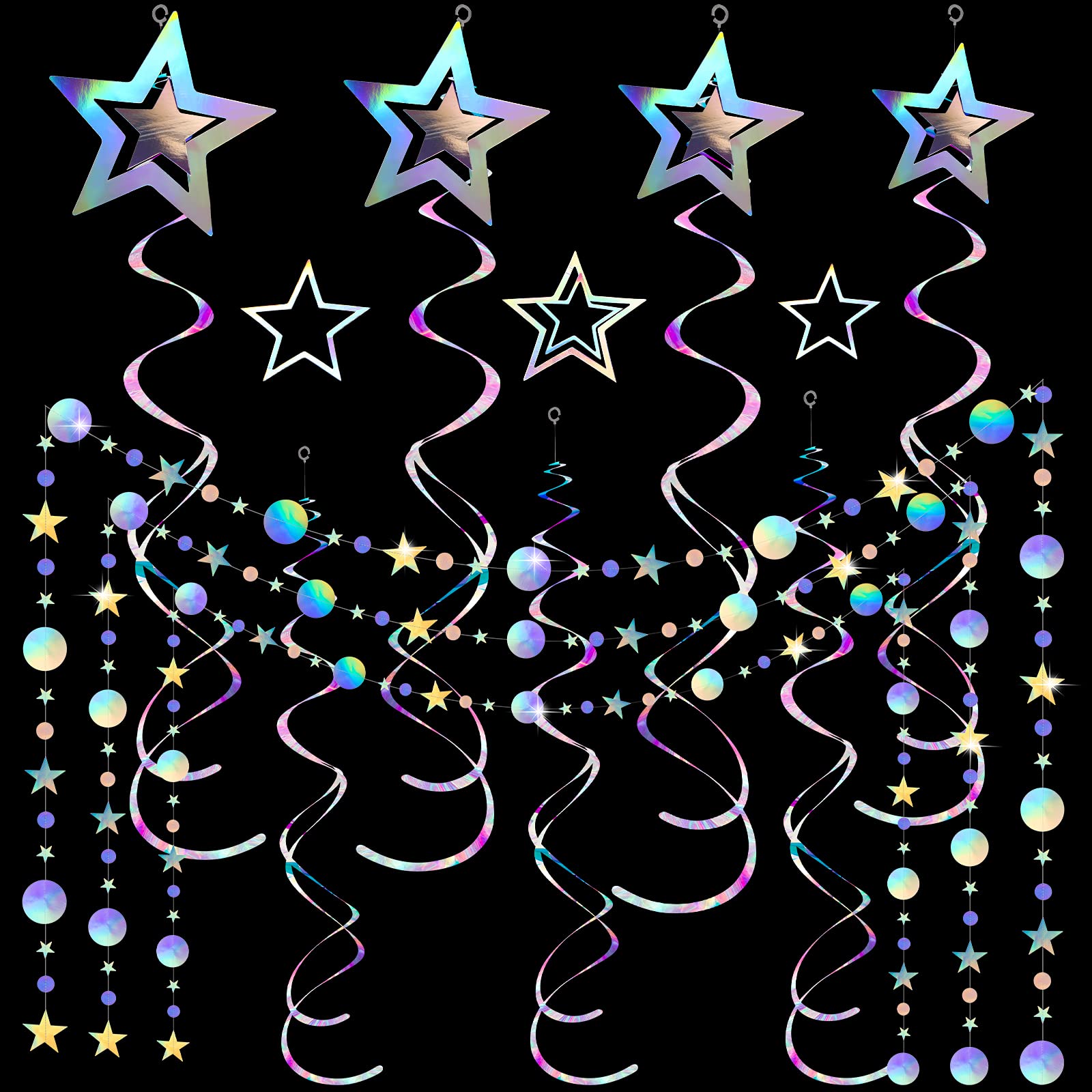37-Piece Iridescent Holographic Party Decorations Set - Glitter Swirl Streamers, Galaxy Garlands & Hanging Stars - Perfect for Wedding, Disco, Birthday Party Decorations - Great for Home, Club, and Event Decor